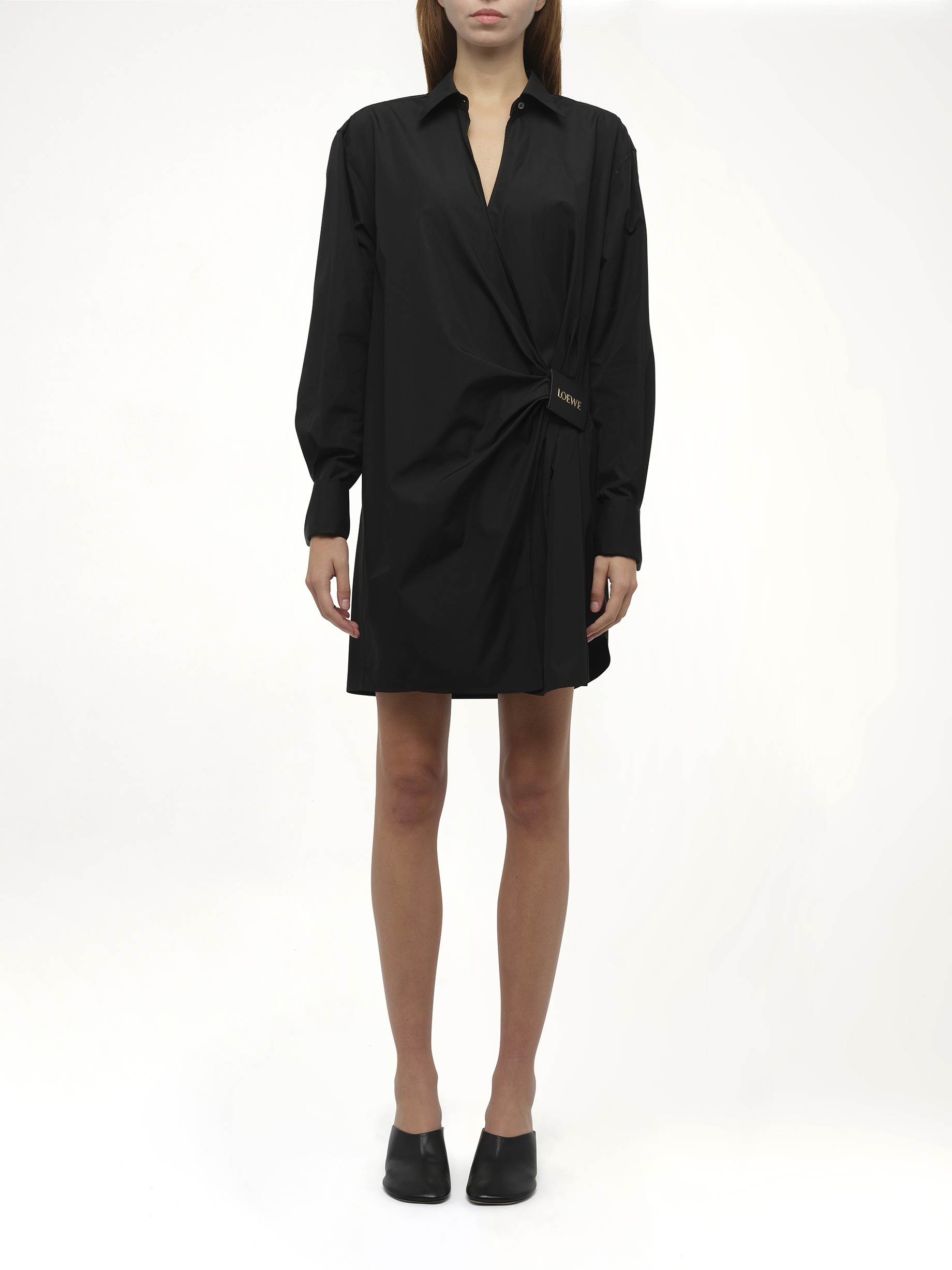 Draped Shirt Dress in Black - 7