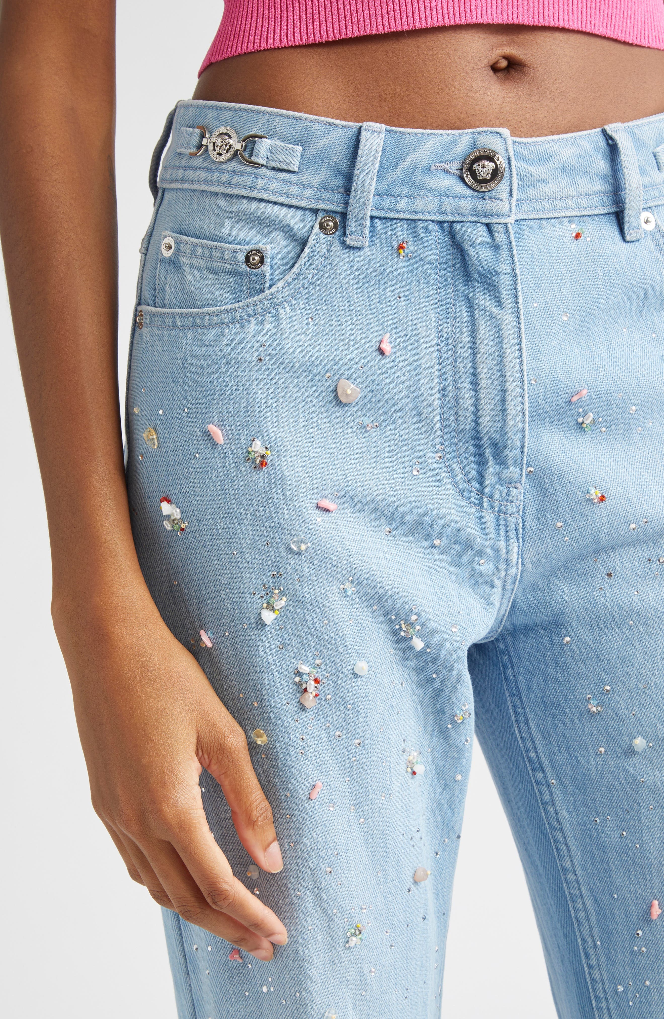 Versace Embellished Straight Leg Jeans in Light Blue at Nordstrom - 5