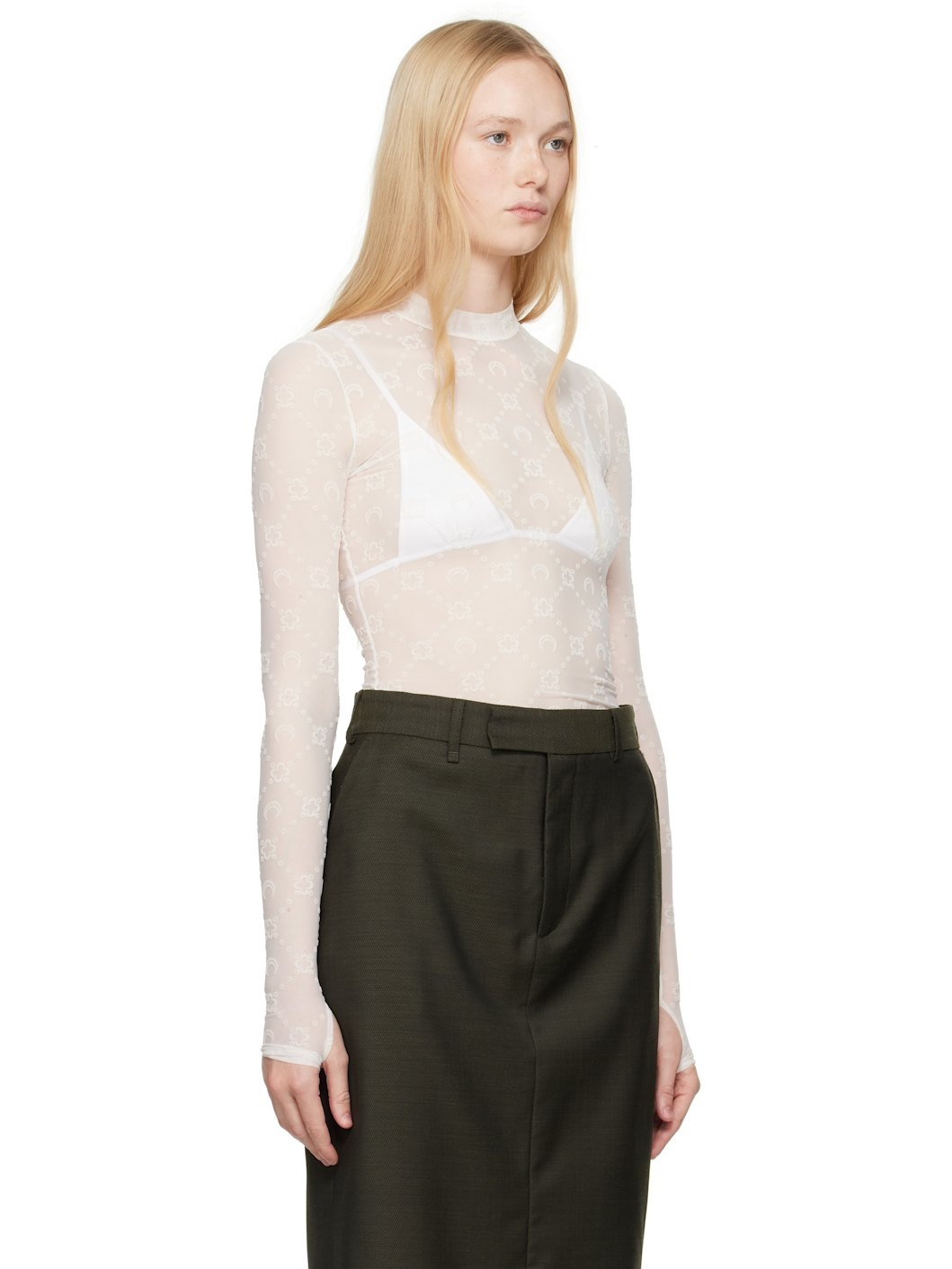 White Moonogram Mesh Flock Second Skin Highneck T-shirt - 2