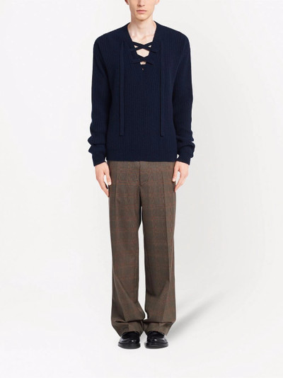 Prada lace-up ribbed-knit V-neck jumper outlook