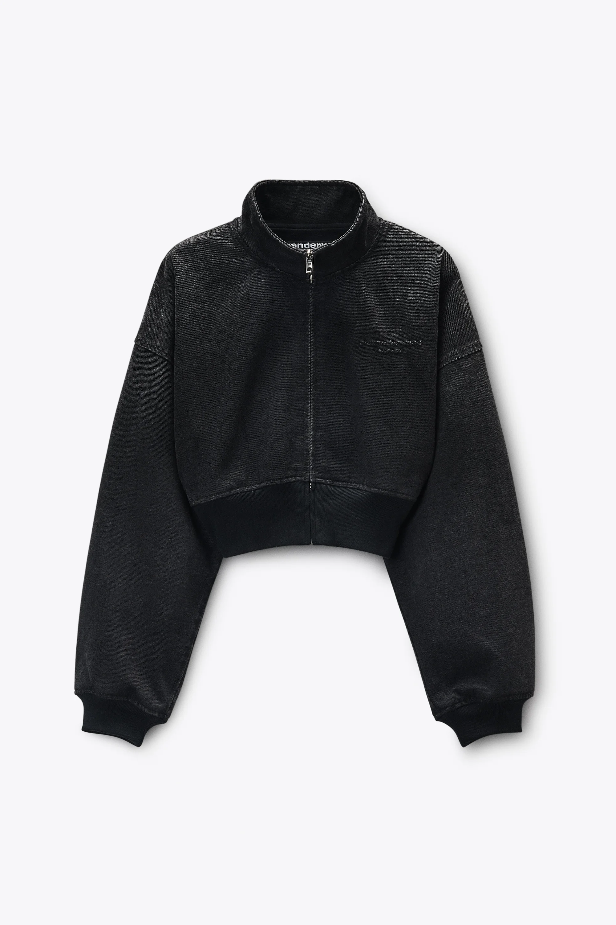Black Brushed Denim Funnel Neck Jacket - 1