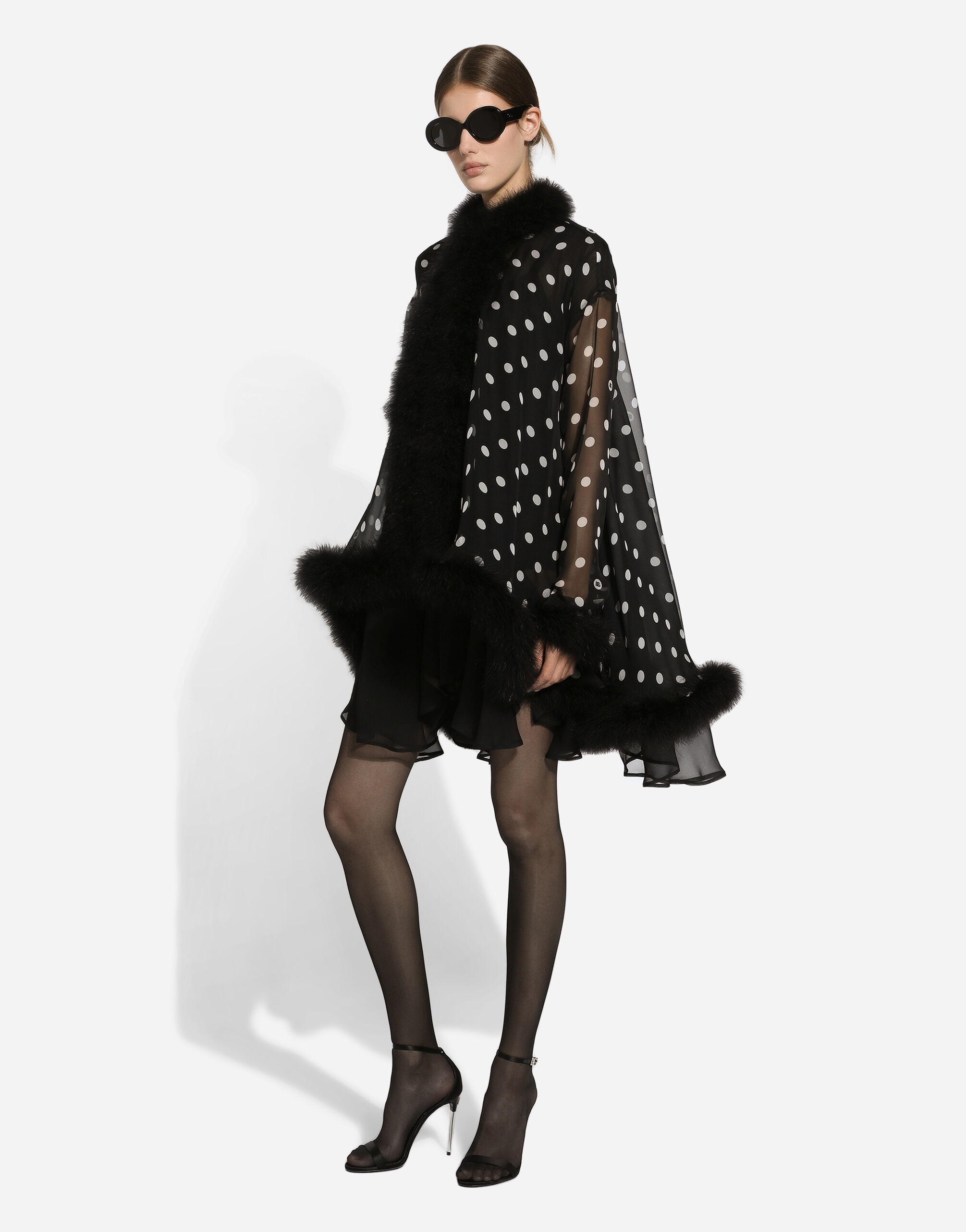 Chiffon cape with polka-dot print and marabou trim - 2