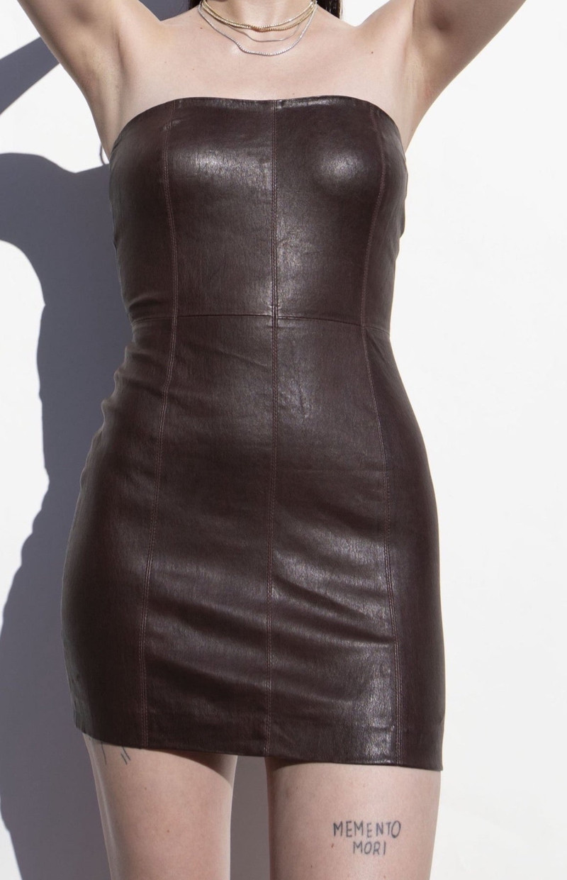 SPRWMN DARK CHOCOLATE LEATHER STRAPLESS DRESS outlook