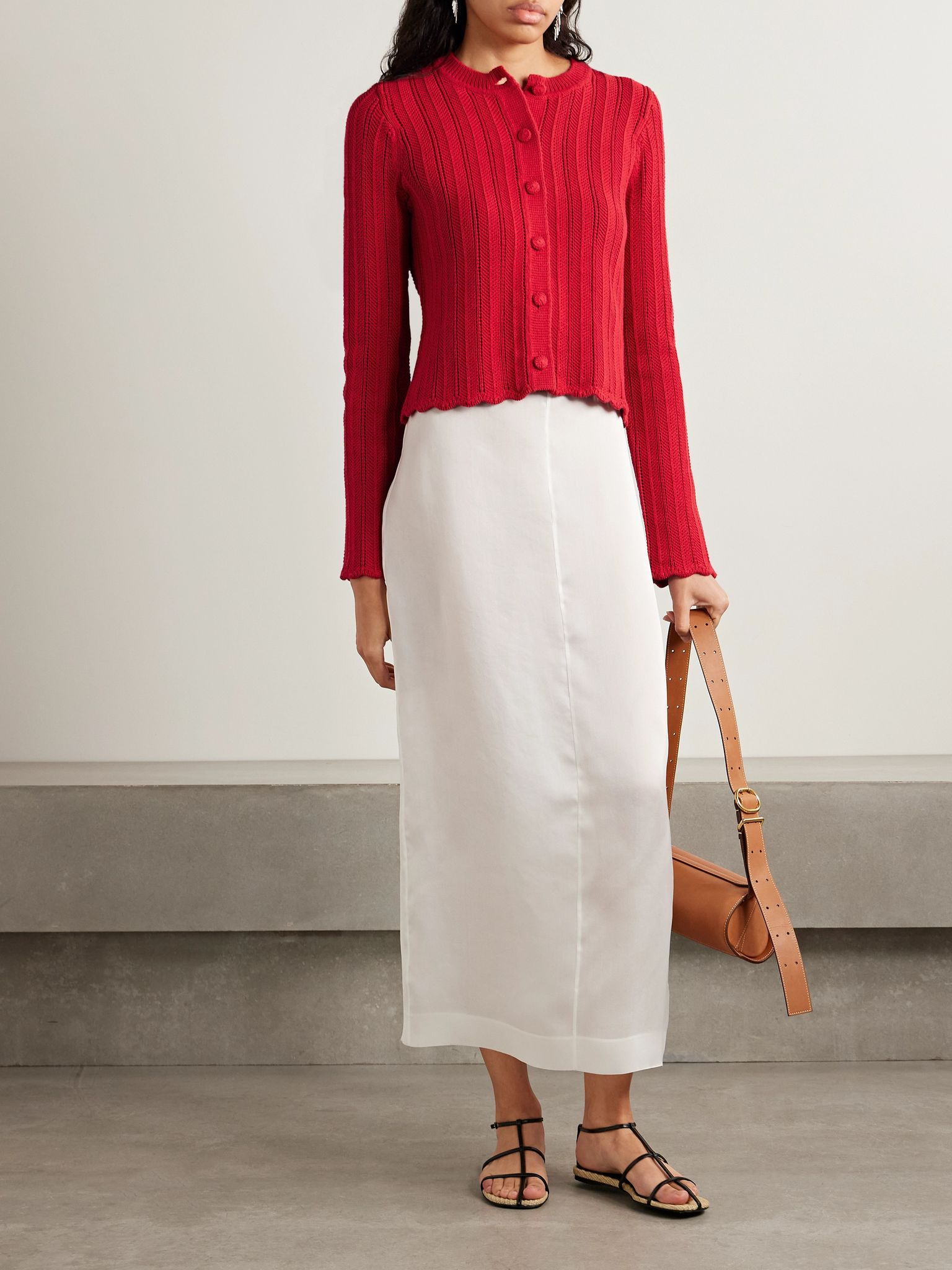 Mariette ribbed open-knit organic cotton cardigan Red - 2