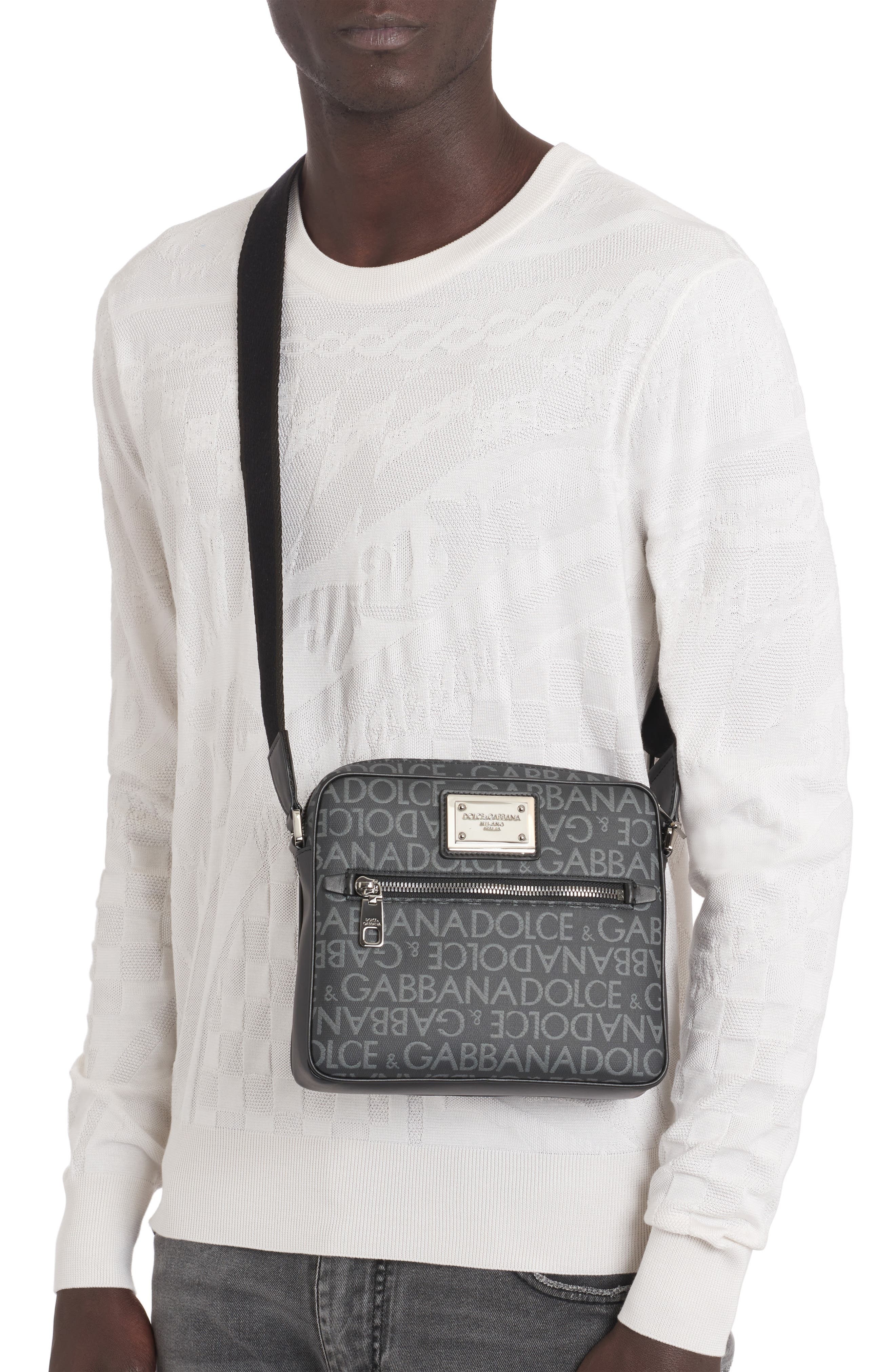 Dolce&Gabbana Logo Plaque Logo Jacquard Crossbody Bag in Black/Grey at Nordstrom - 2