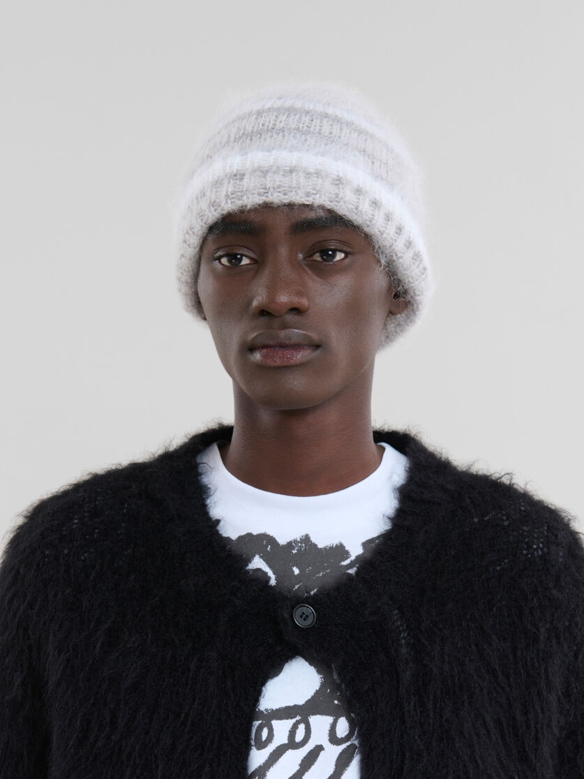 WHITE BRUSHED MOHAIR BEANIE WITH STRIPES - 2