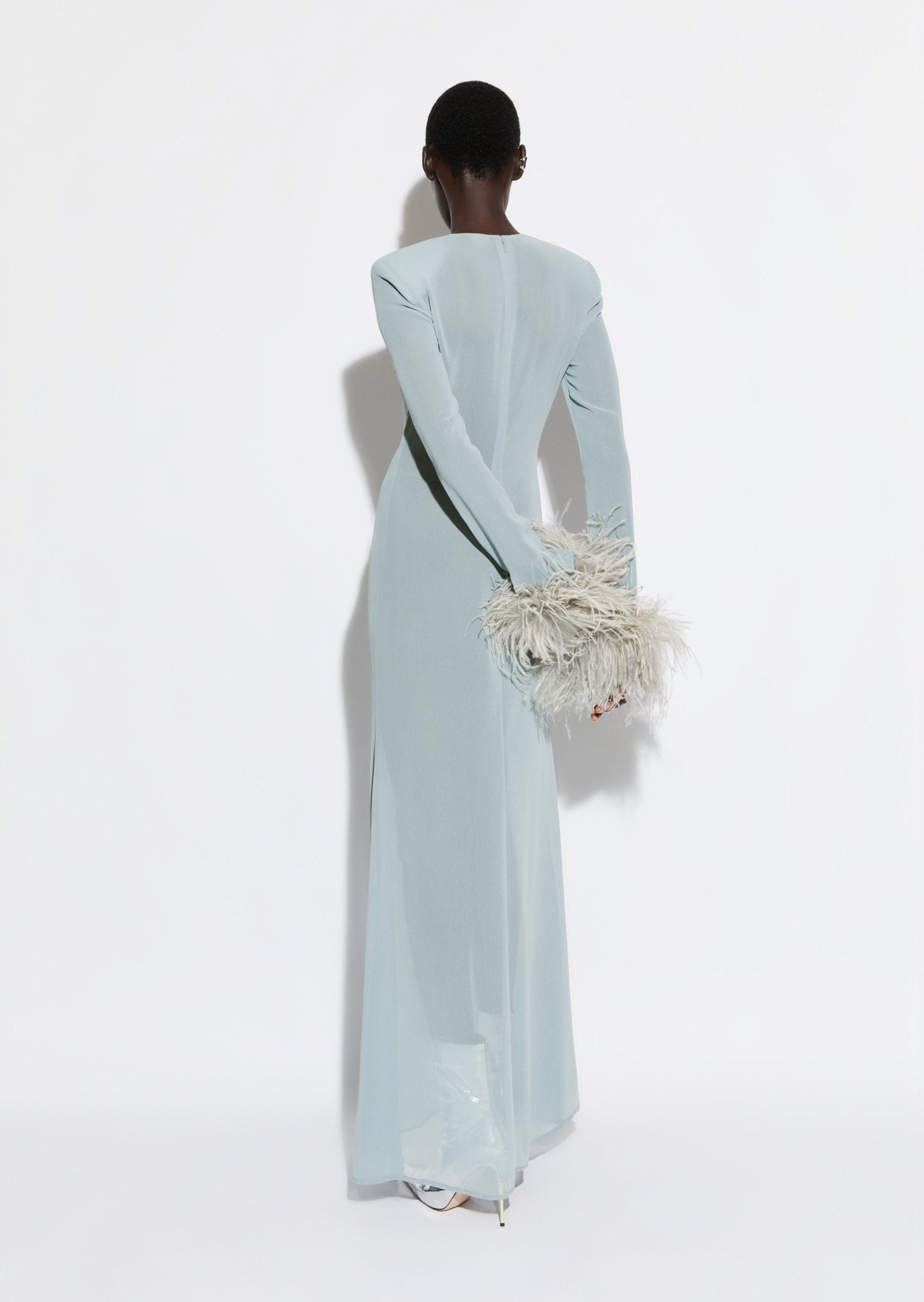 Georgette Flare Sleeve Dress With Feathers - 3