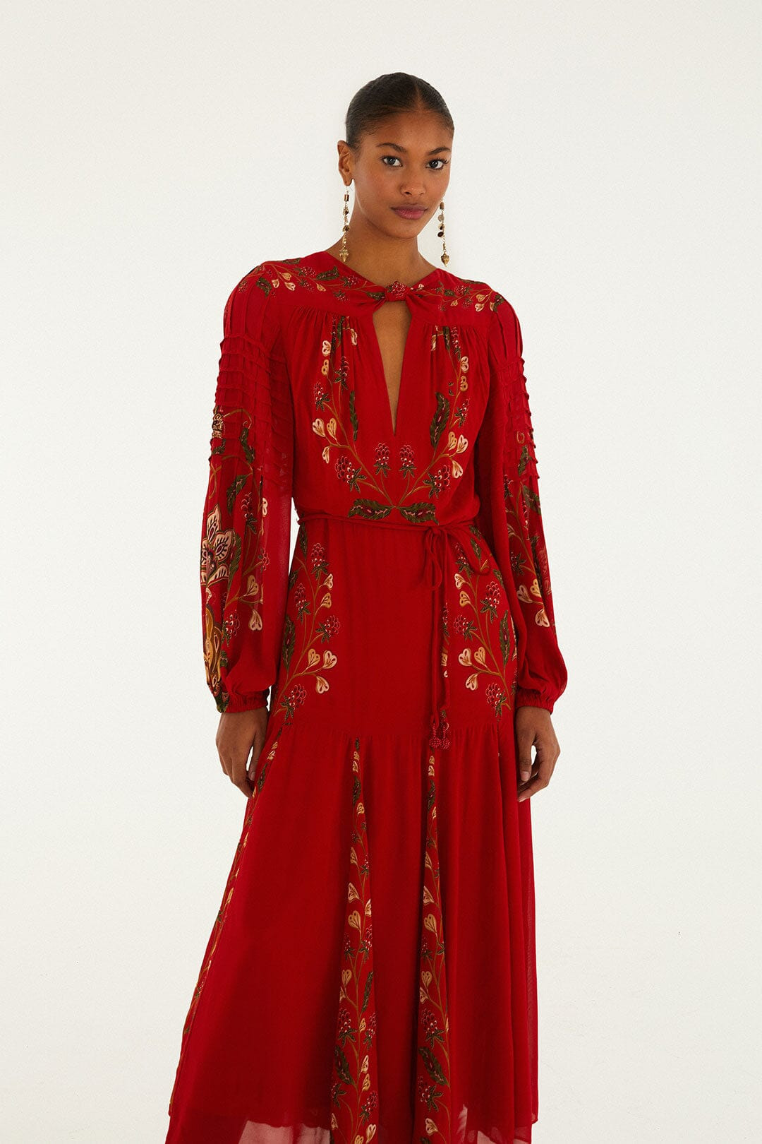 Red Berry Garden Long Sleeve Pleated Maxi Dress - 2