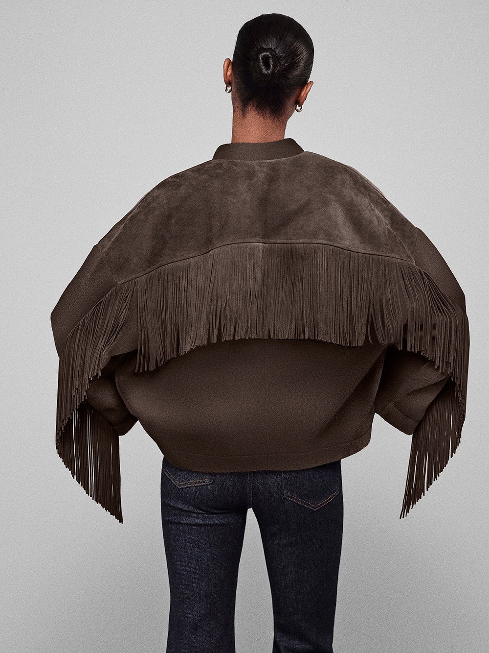 Mix Suede Fringe Coat in Chocolate Brown - 2