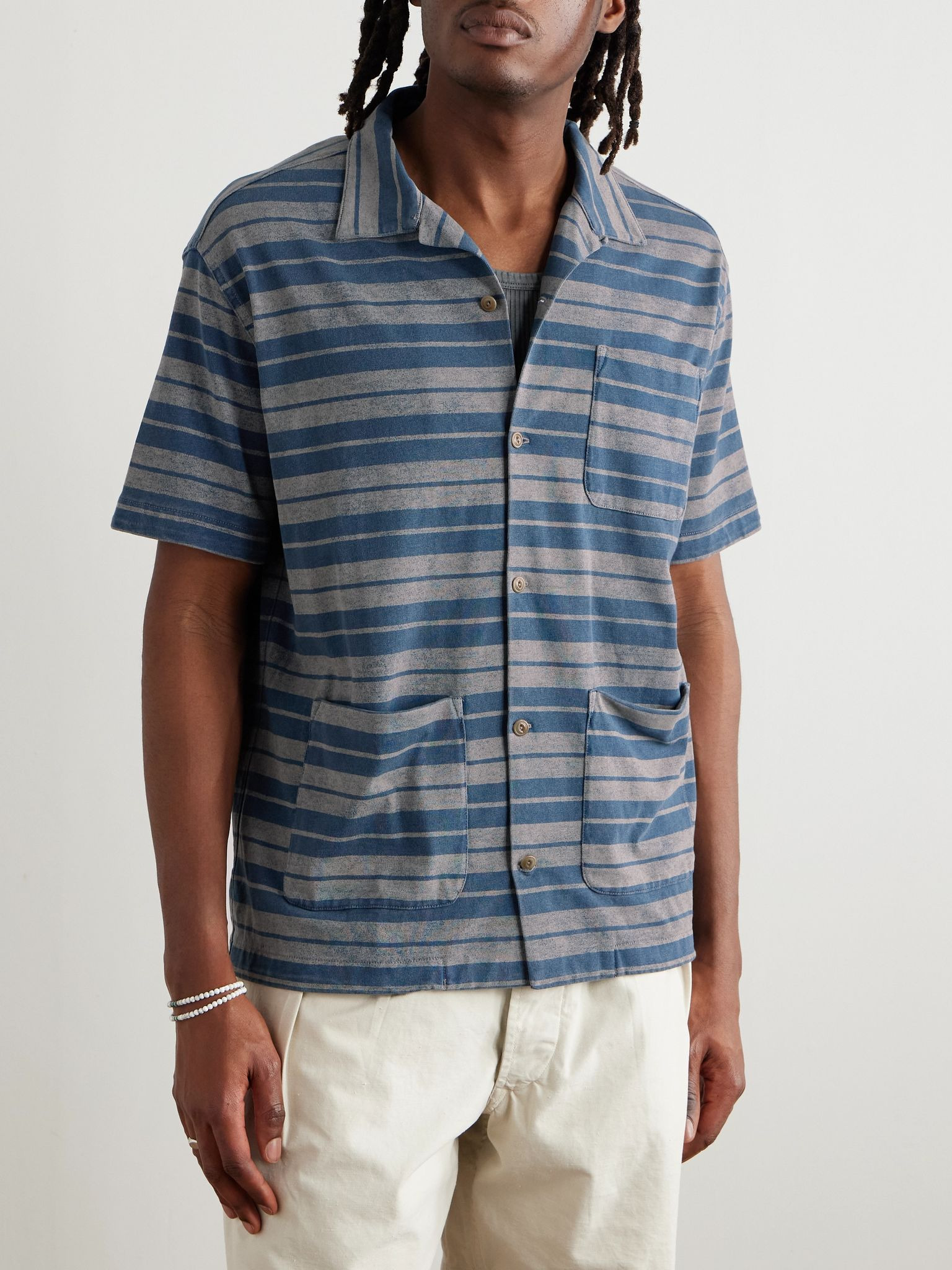 Jasper Convertible-Collar Indigo-Dyed Striped Cotton Shirt Blue - 3