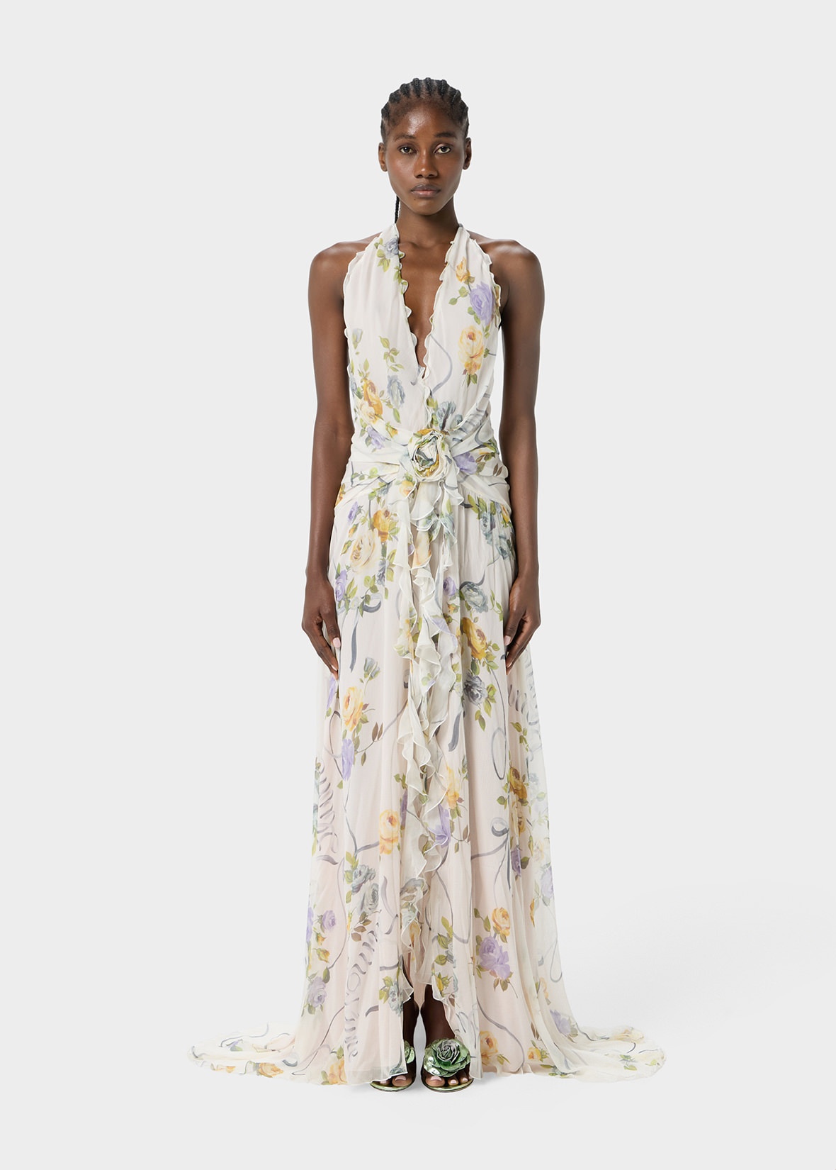 RUFFLED LONG DRESS IN PRINTED CREPONNE WITH ROSE DECORATION - 3
