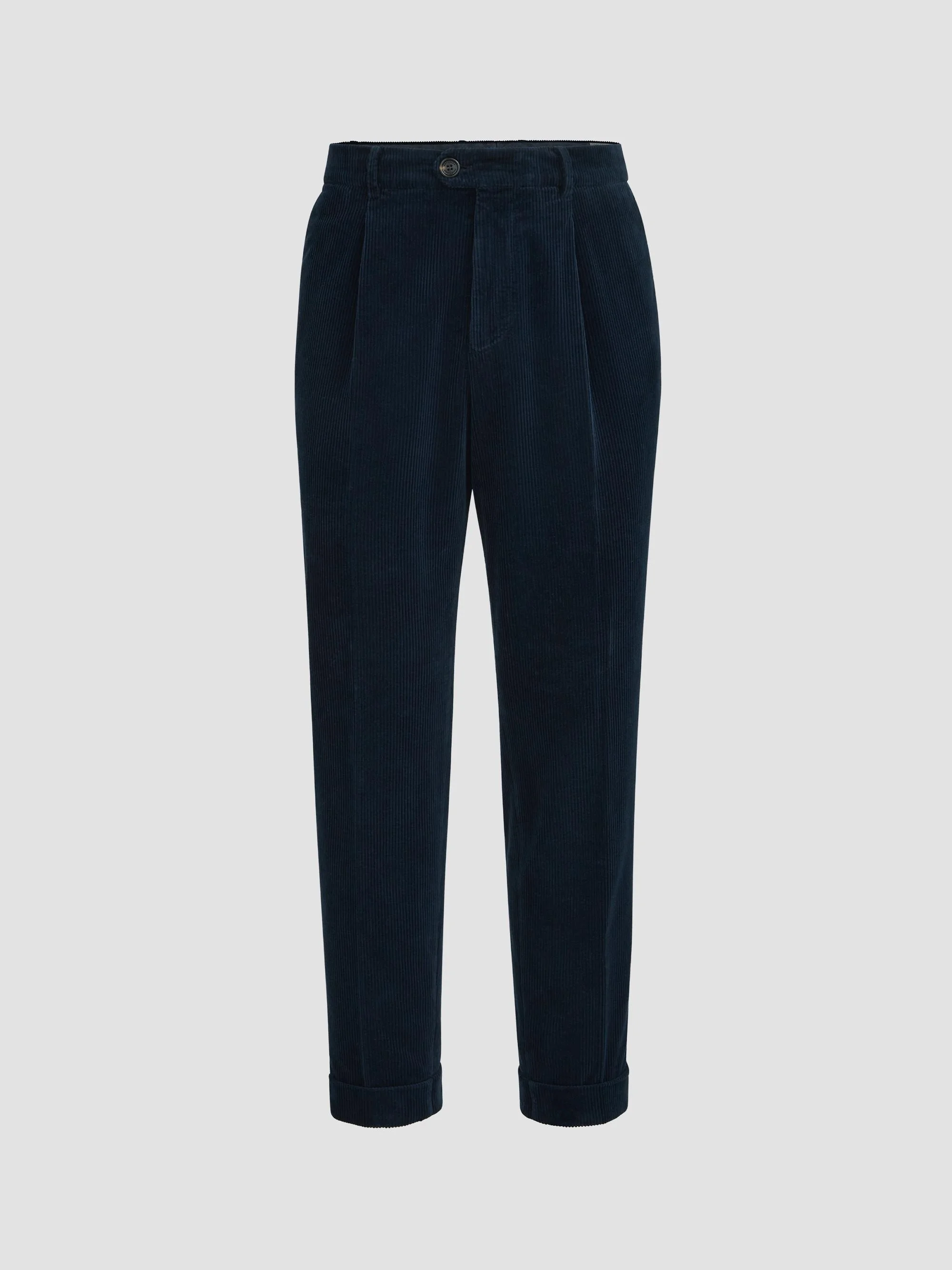 Men's Garment-Dyed Trousers in Cotton Corduroy with Pleat - Navy Blue - 1