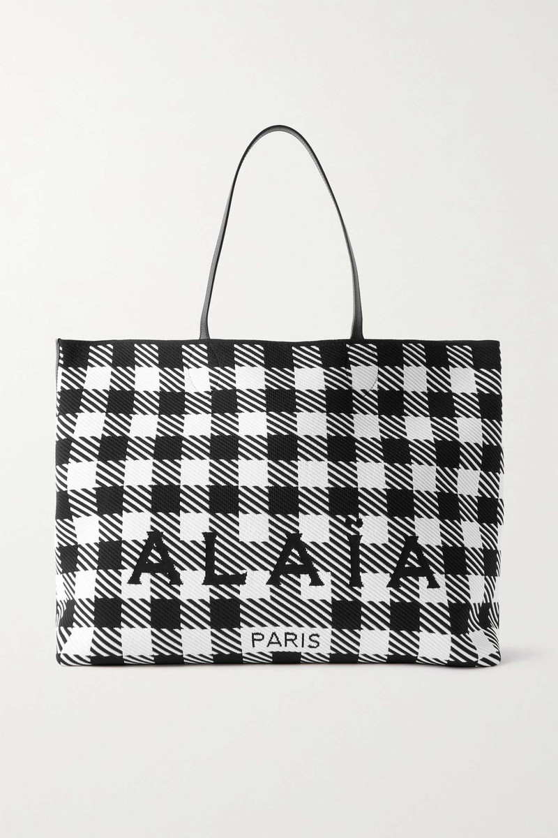 Large leather-trimmed houndstooth jacquard-knit tote - 1