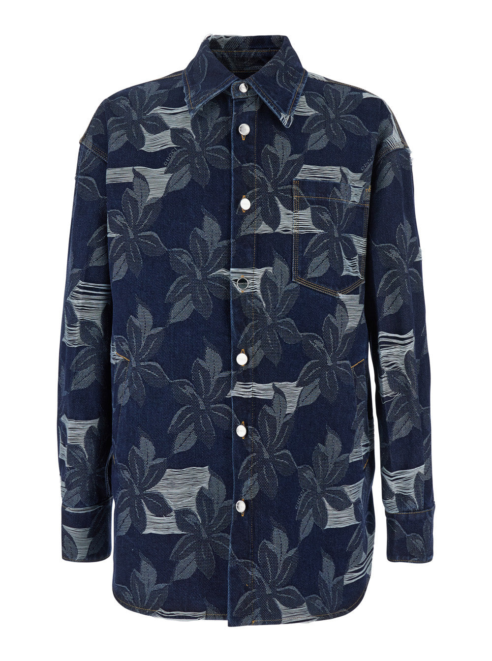Gucci Men Blue Jacket With All-Over Floral Motif And Ripped Details In Denim Man - 1