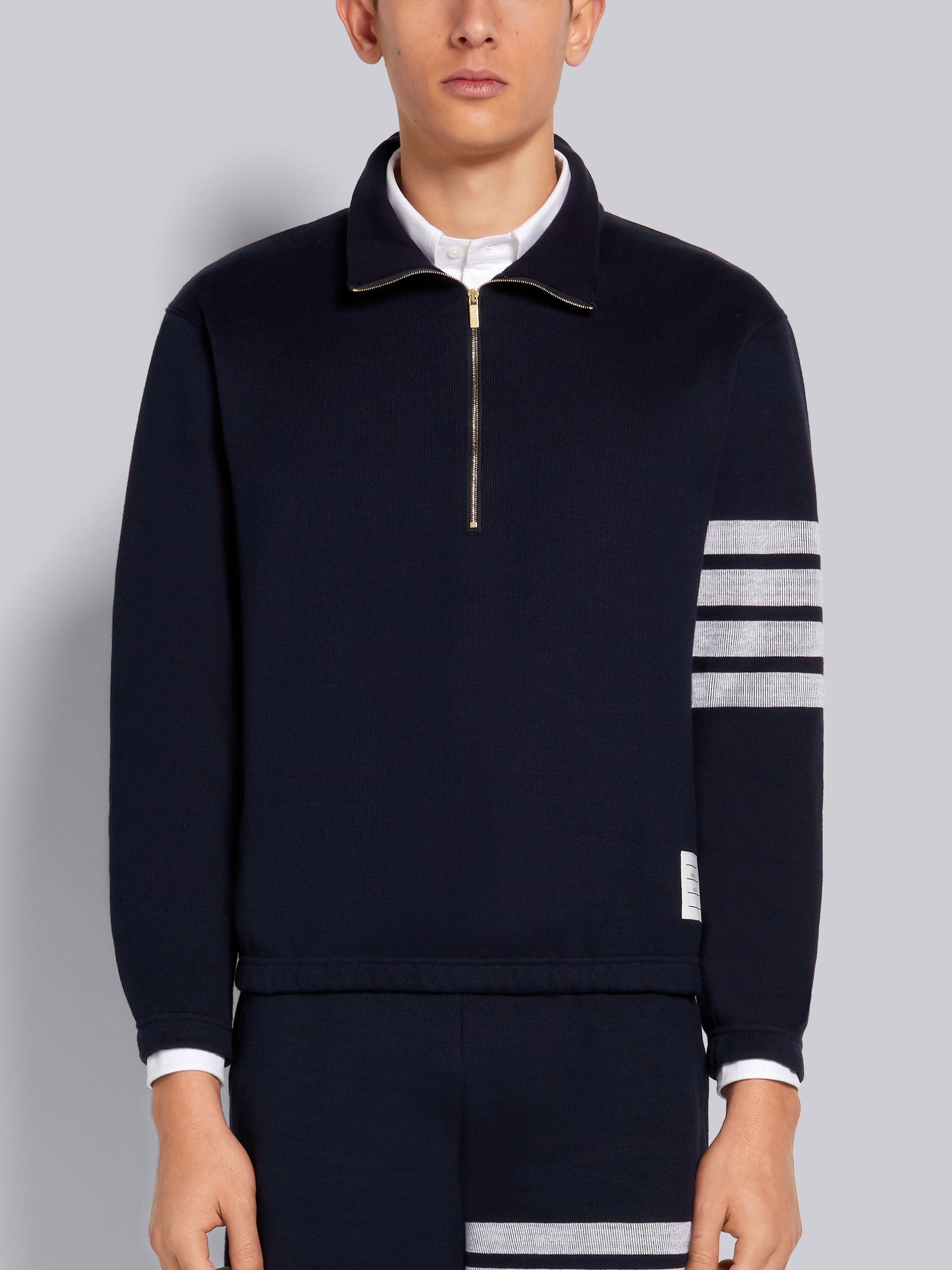 Navy Double Face Cotton Knit 4-Bar Stripe Half Zip Funnel Neck Pullover - 1