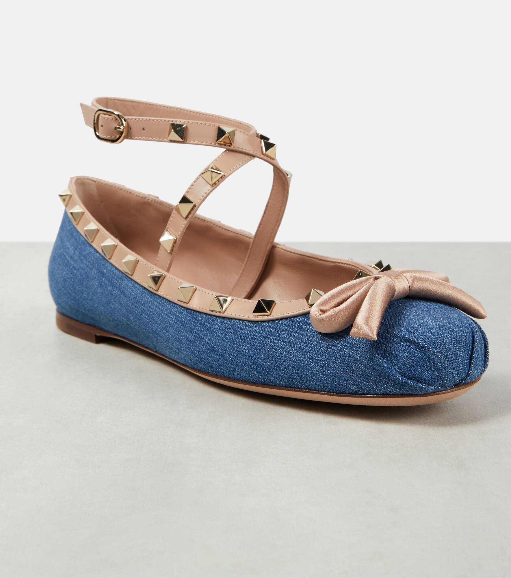 Rockstud leather-trimmed denim ballet flats - 6
