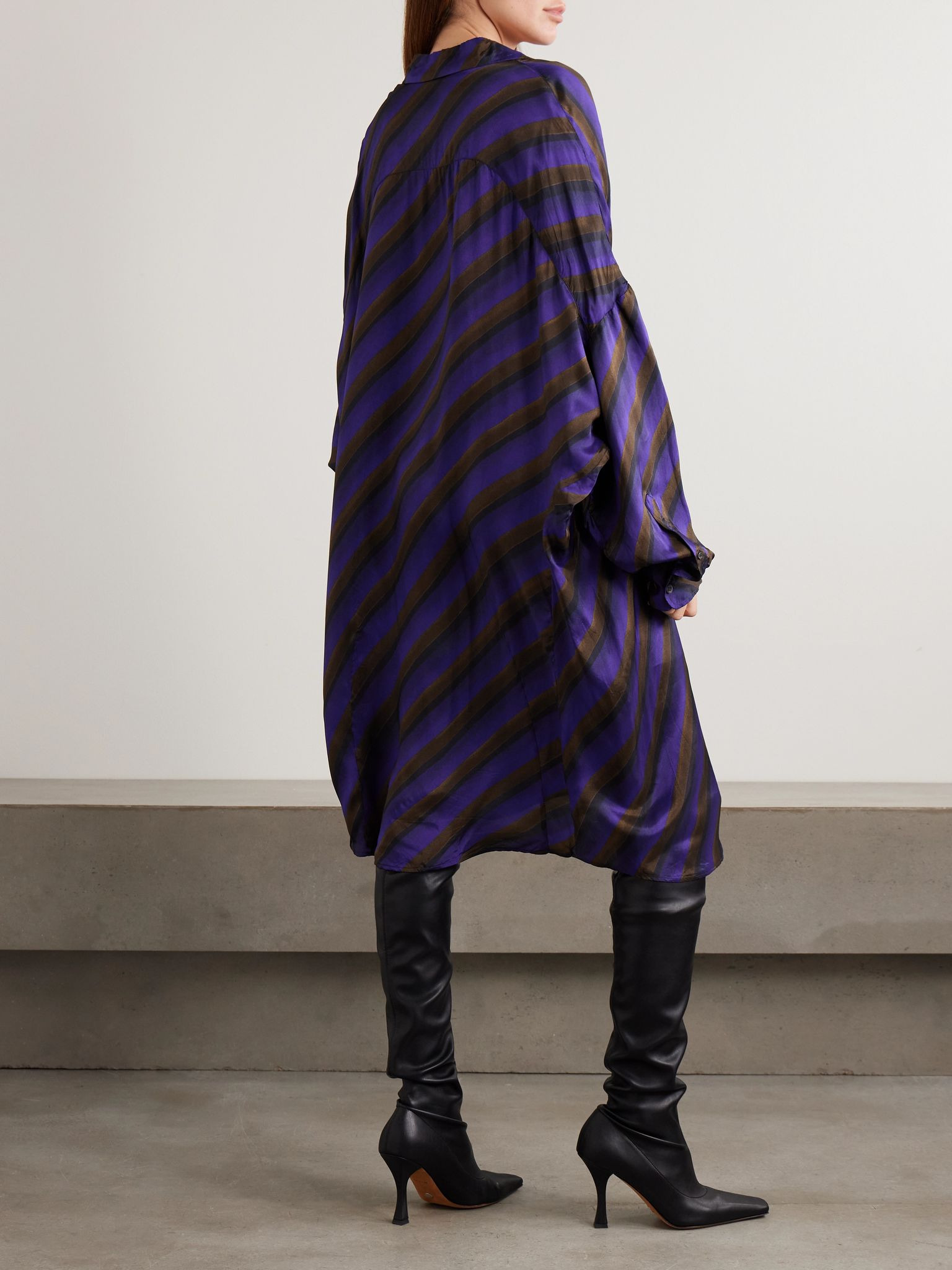 Oversized striped satin-twill mini shirt dress Purple - 3