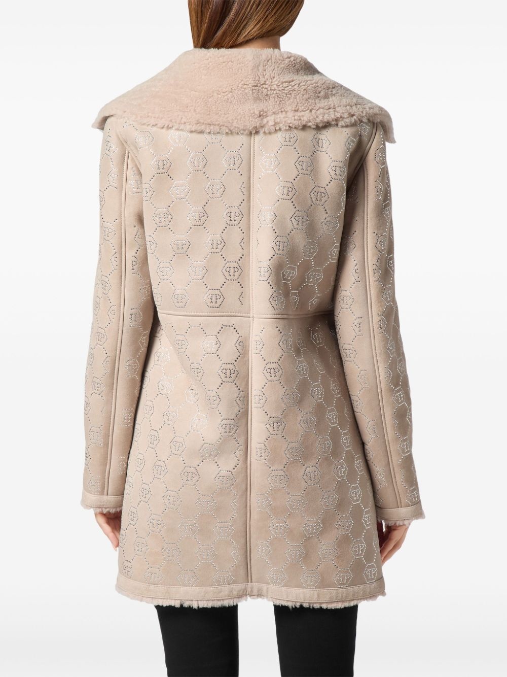 monogram-embossed shearling coat - 2