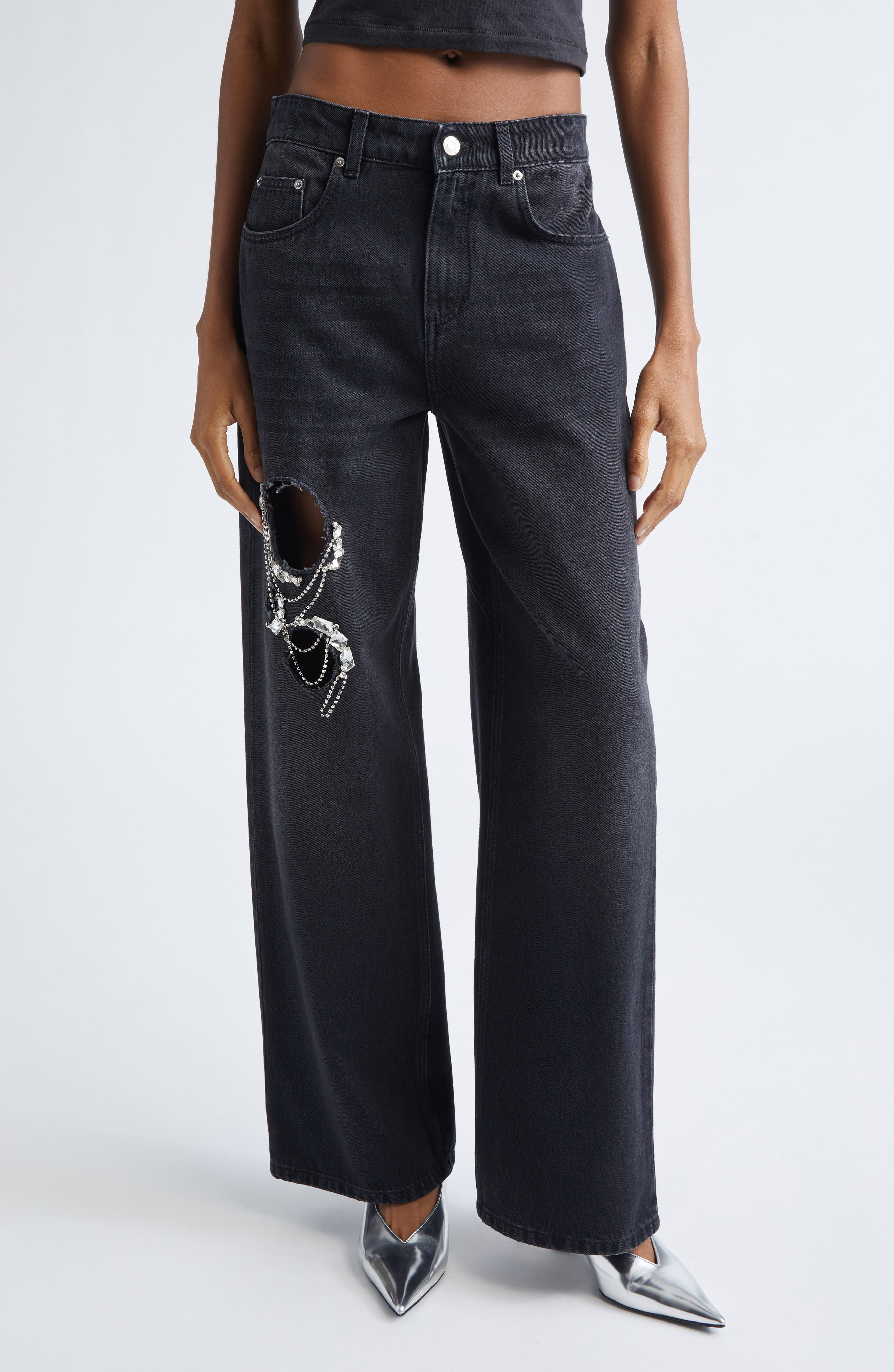 Area Crystal Chain Cutout Relaxed Jeans in Washed Black at Nordstrom - 1