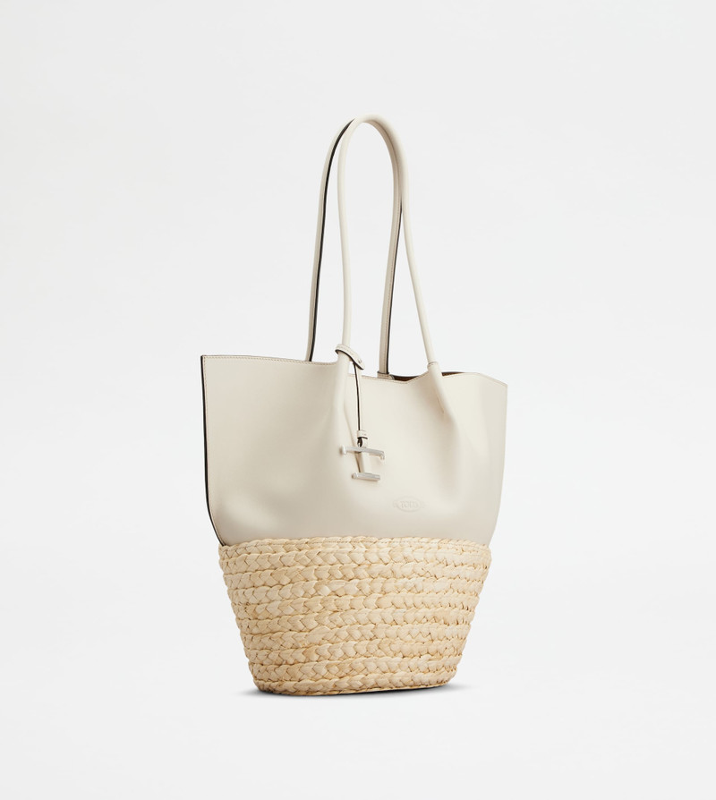 Tod's SHOPPING BAG IN STRAW AND LEATHER MEDIUM - WHITE, NATURAL outlook