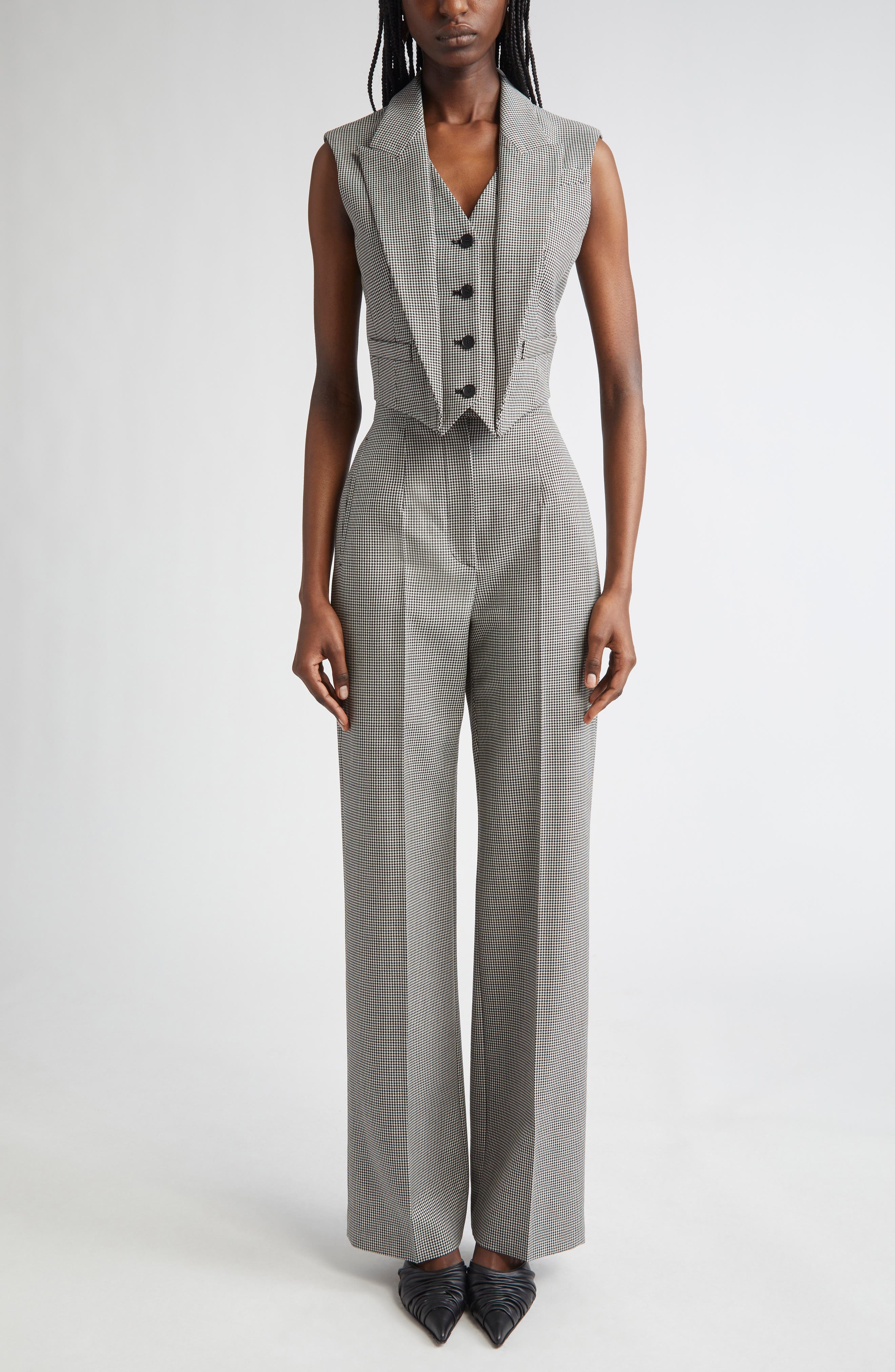 McQueen Houndstooth Wool & Mohair Vest in Black/Ivory at Nordstrom - 2
