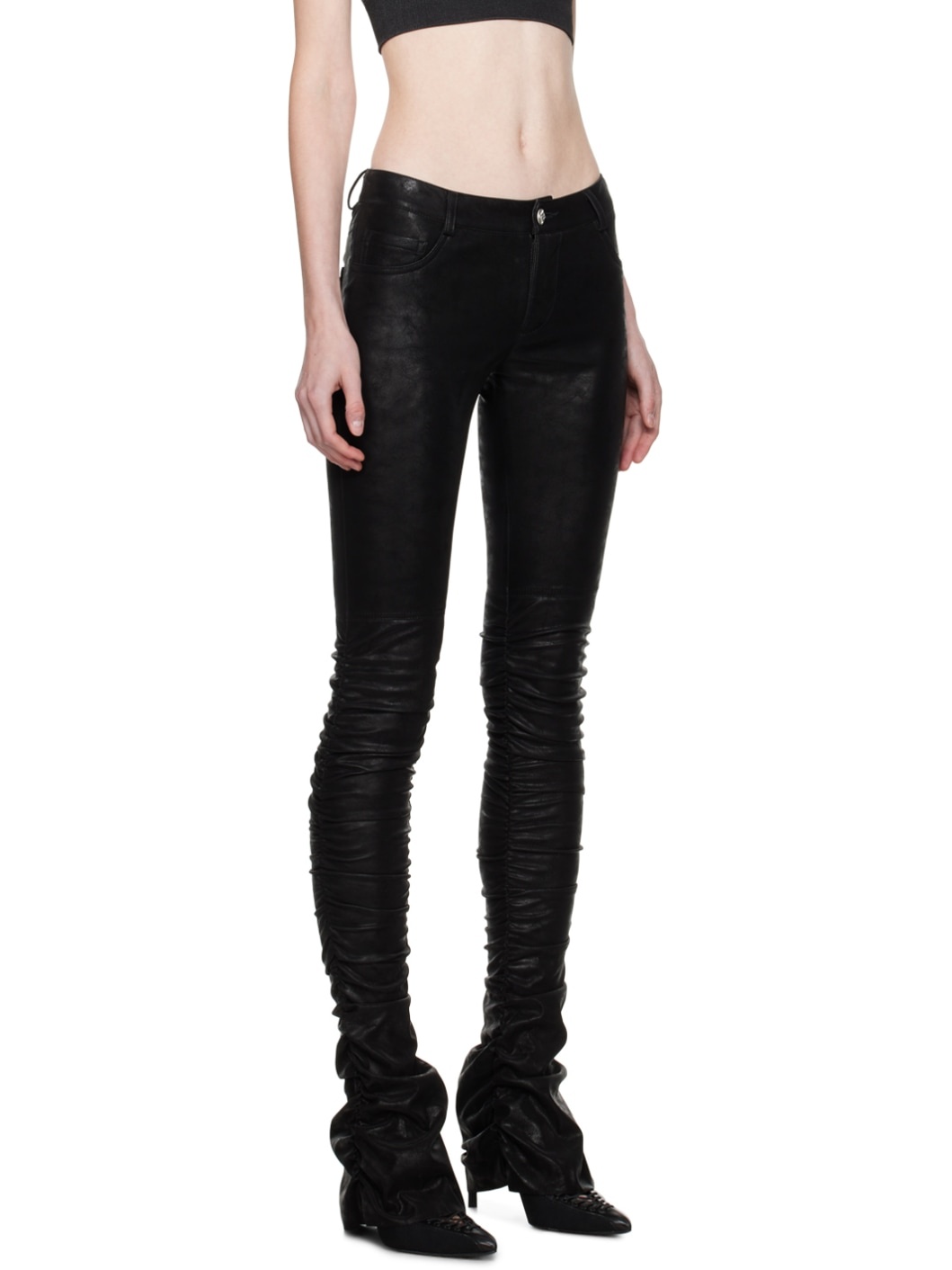 Black Ruched Faux-Leather Trousers - 2