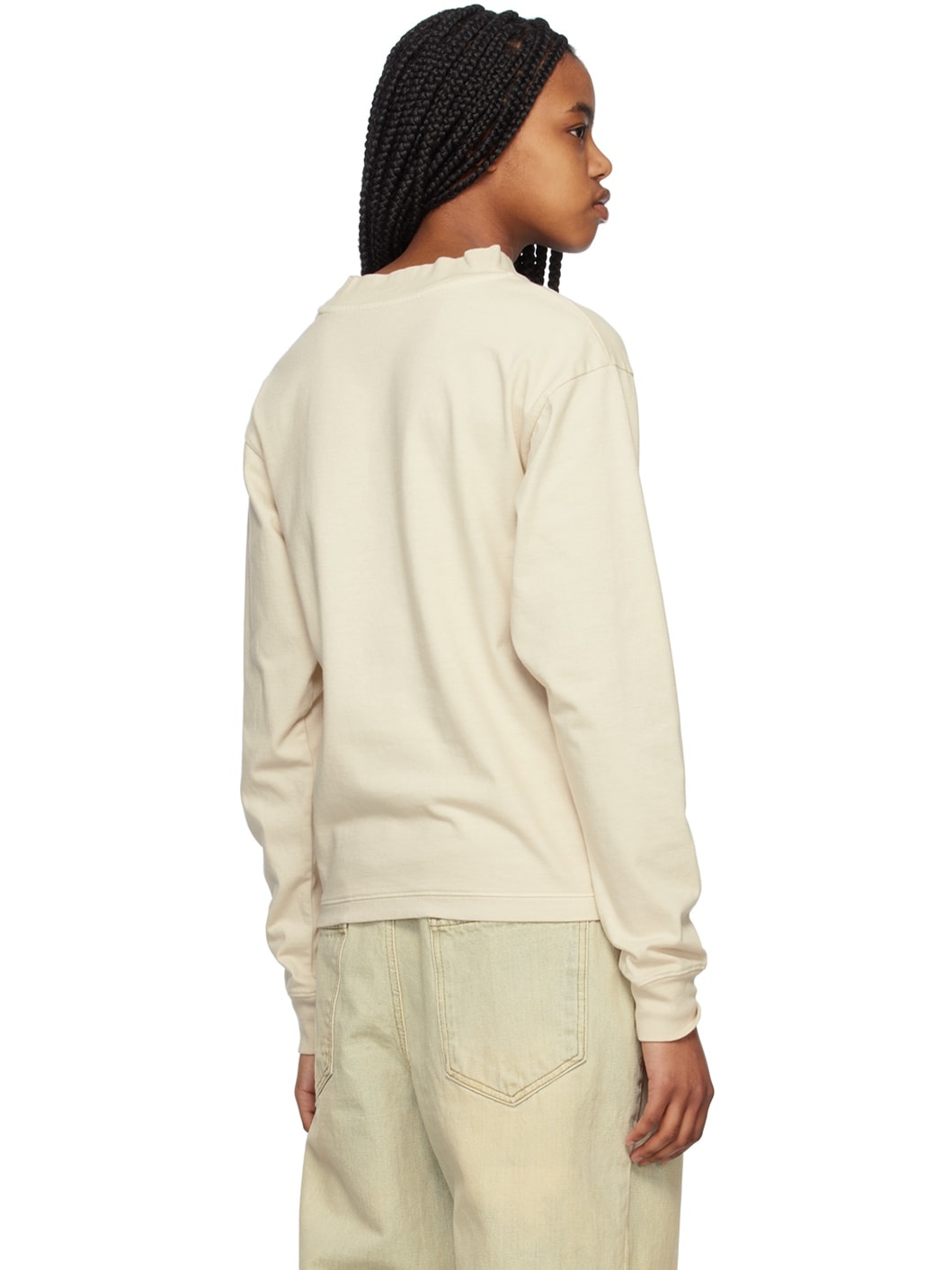 Beige Crewneck Long Sleeve T-Shirt - 3