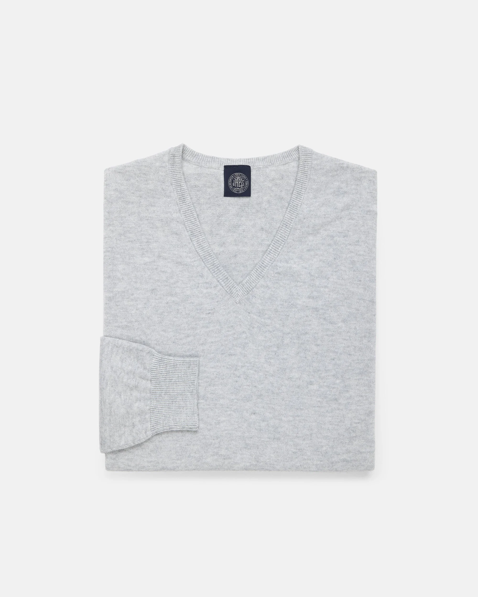 LIGHT GREY COTTON/CASHMERE V-NECK SWEATER - 1