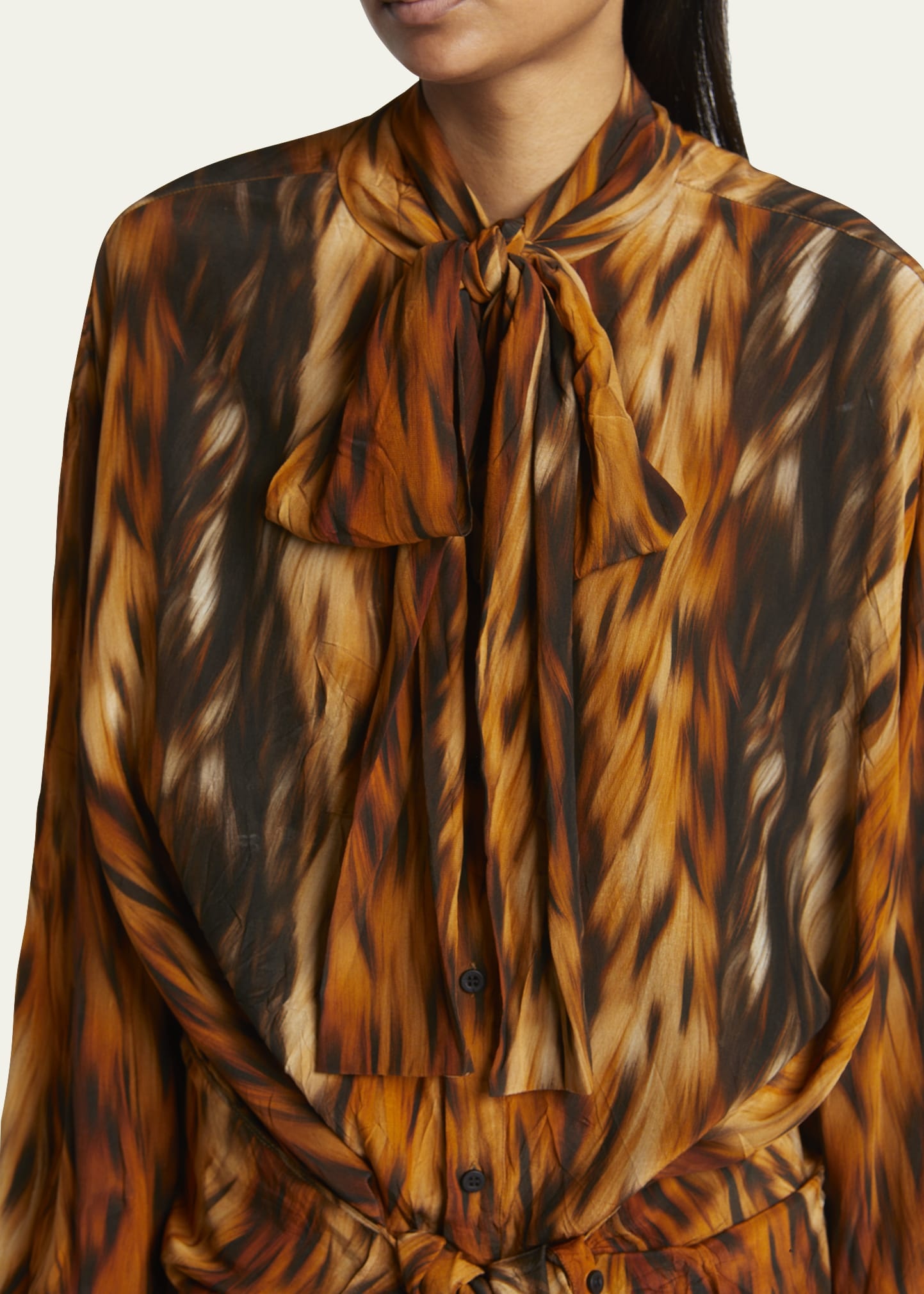 Long Fur Print Knotted Crepe Dress - 5