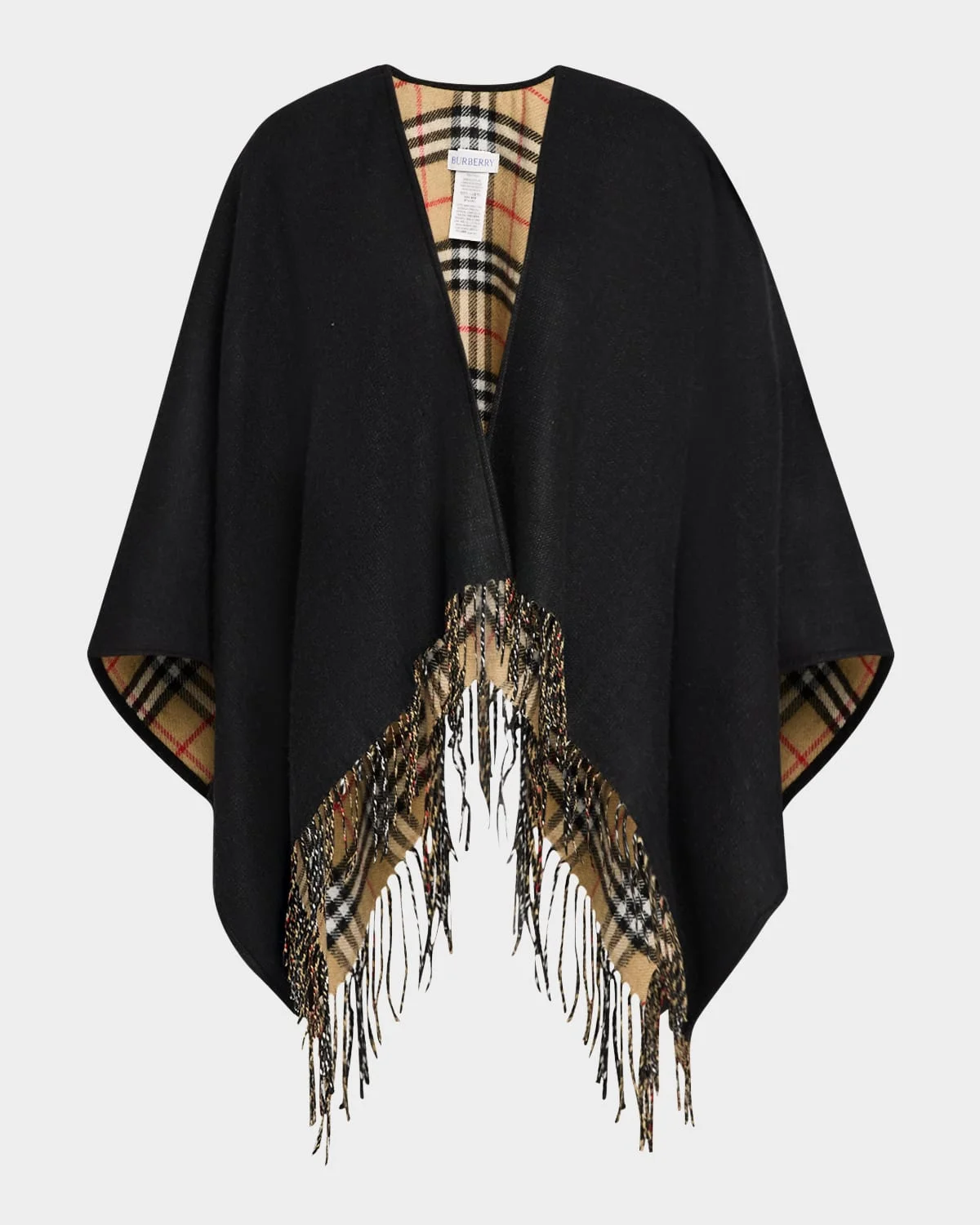 Vintage-Style Check Fringed Wool Cape - 1