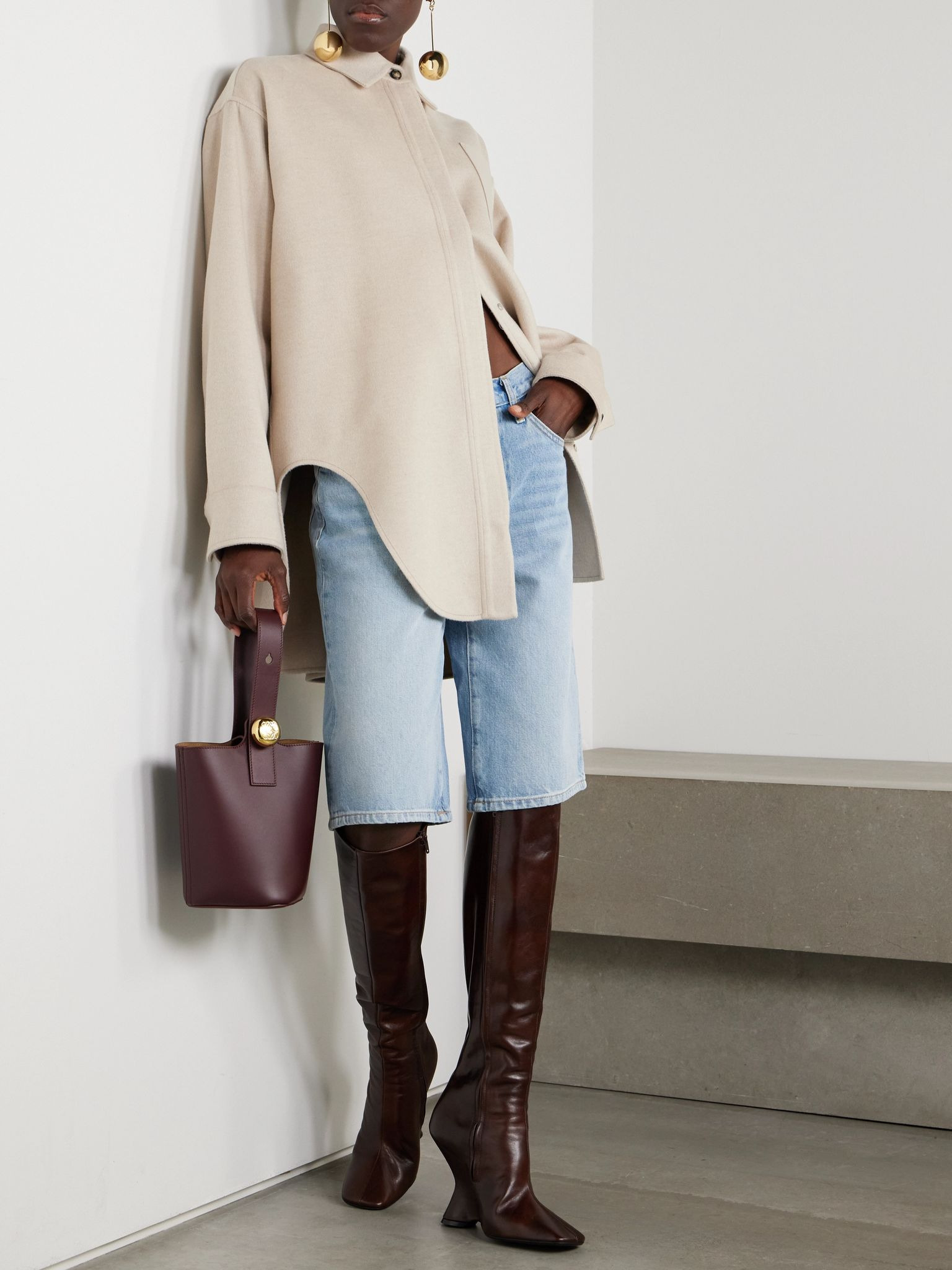 Leather-trimmed wool and cashmere-blend jacket Cream - 2