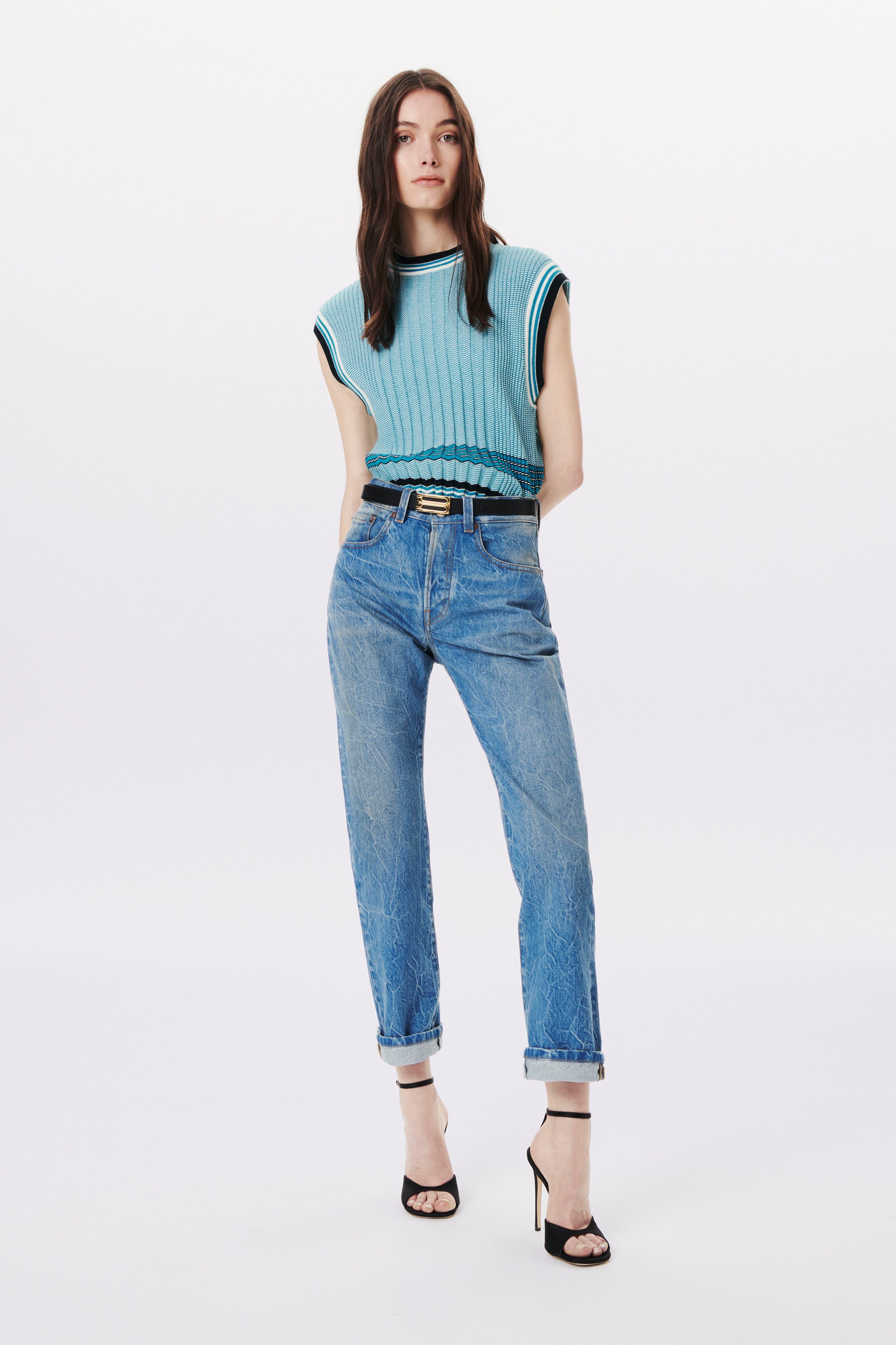Knitted Crew-Neck Tank Top in Teal Stripe - 2