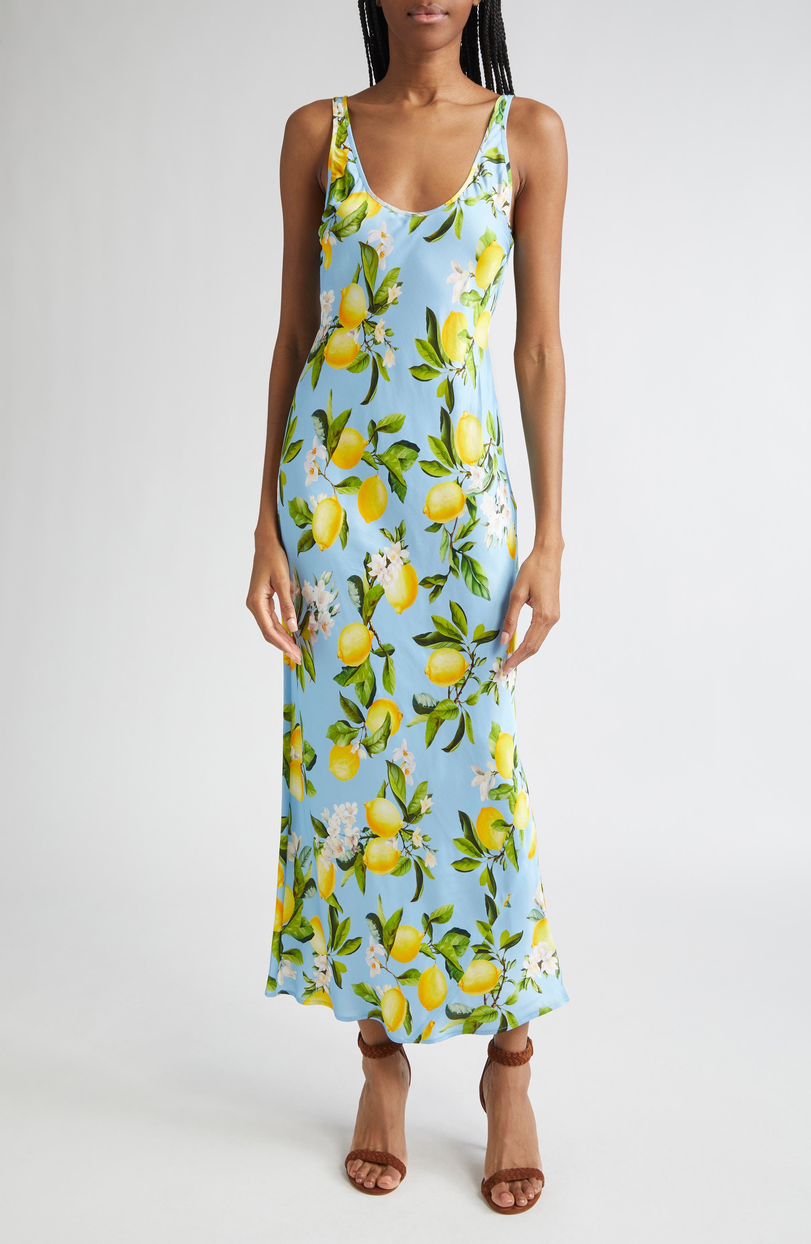 L'AGENCE Akiya Lemon Print Satin Tank Dress in Sky Blue/Yellow Floral Lemon at Nordstrom - 1