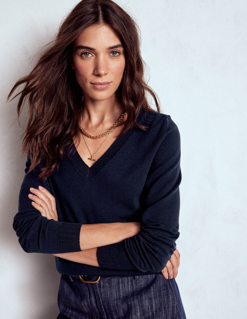 Emilia Cotton V Neck Sweater-Navy 1