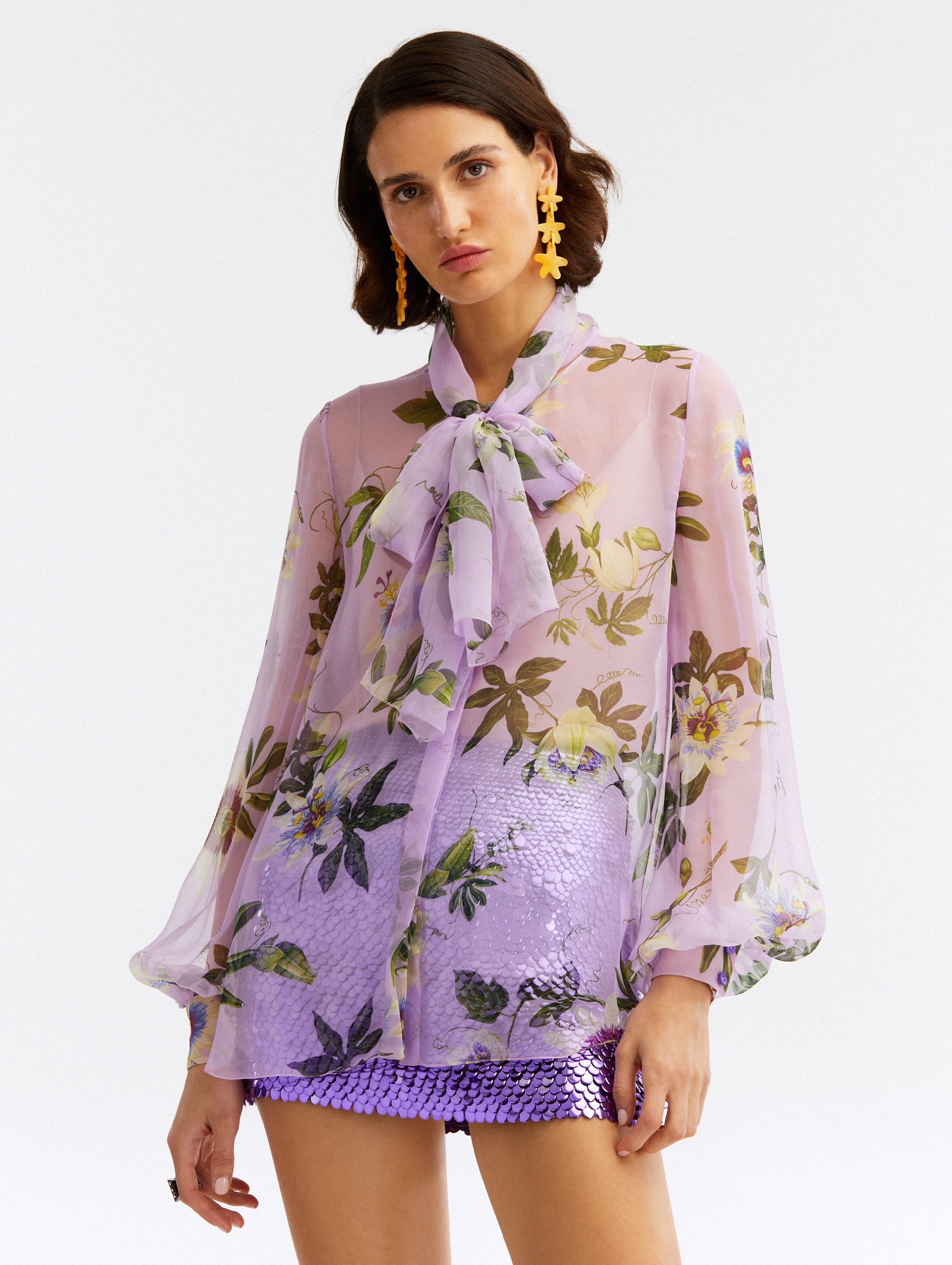PASSIONFLOWER TIE-NECK CHIFFON BLOUSE - 2