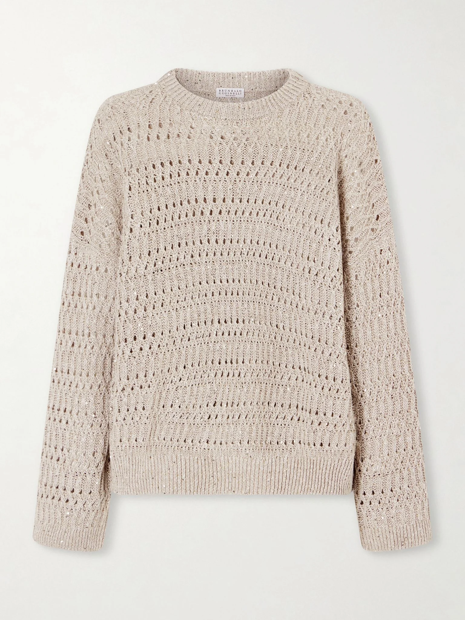 Sequined open-knit linen-blend sweater Beige - 1