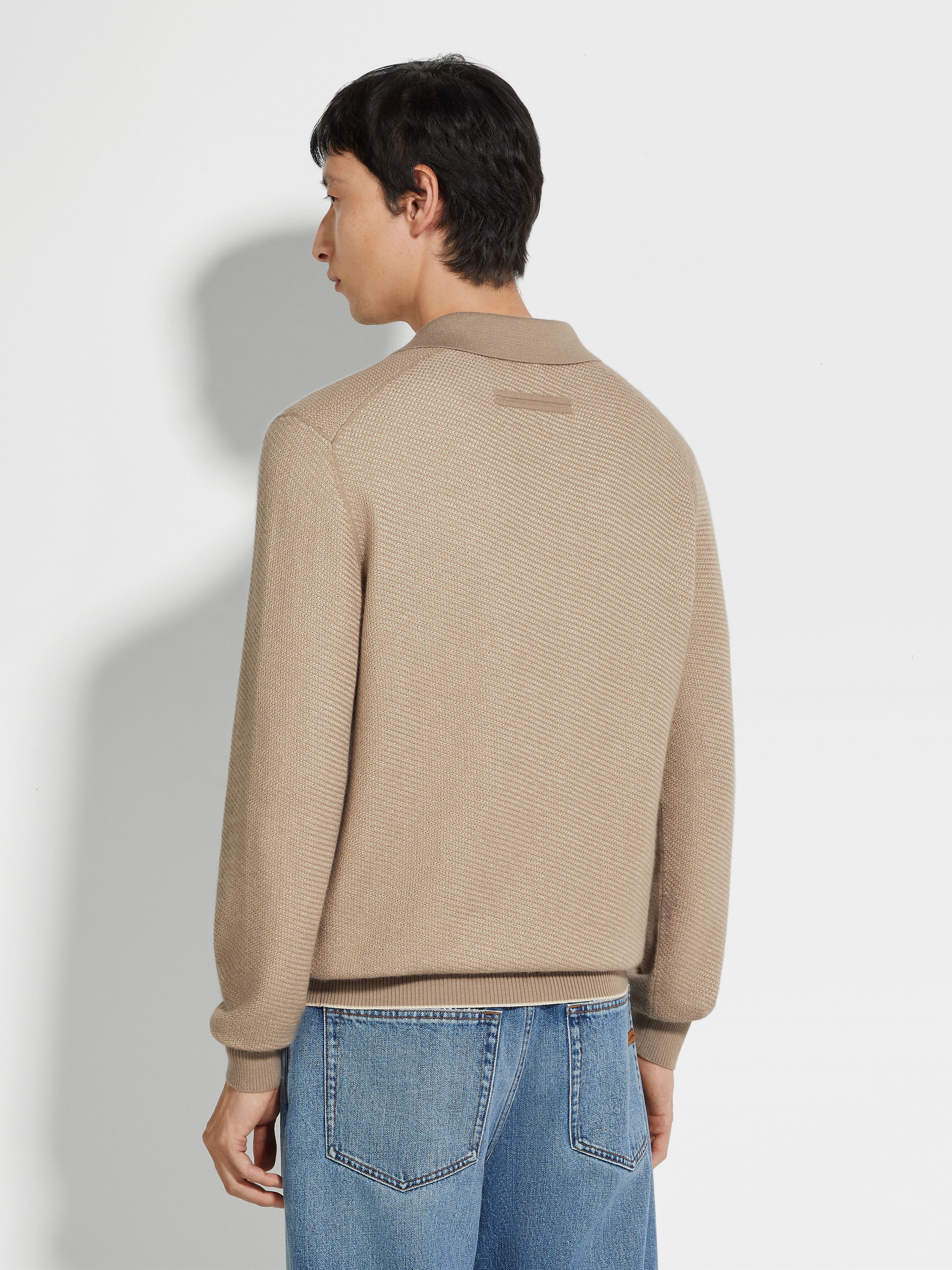 LIGHT TAUPE SILK AND CASHMERE POLO SHIRT - 5