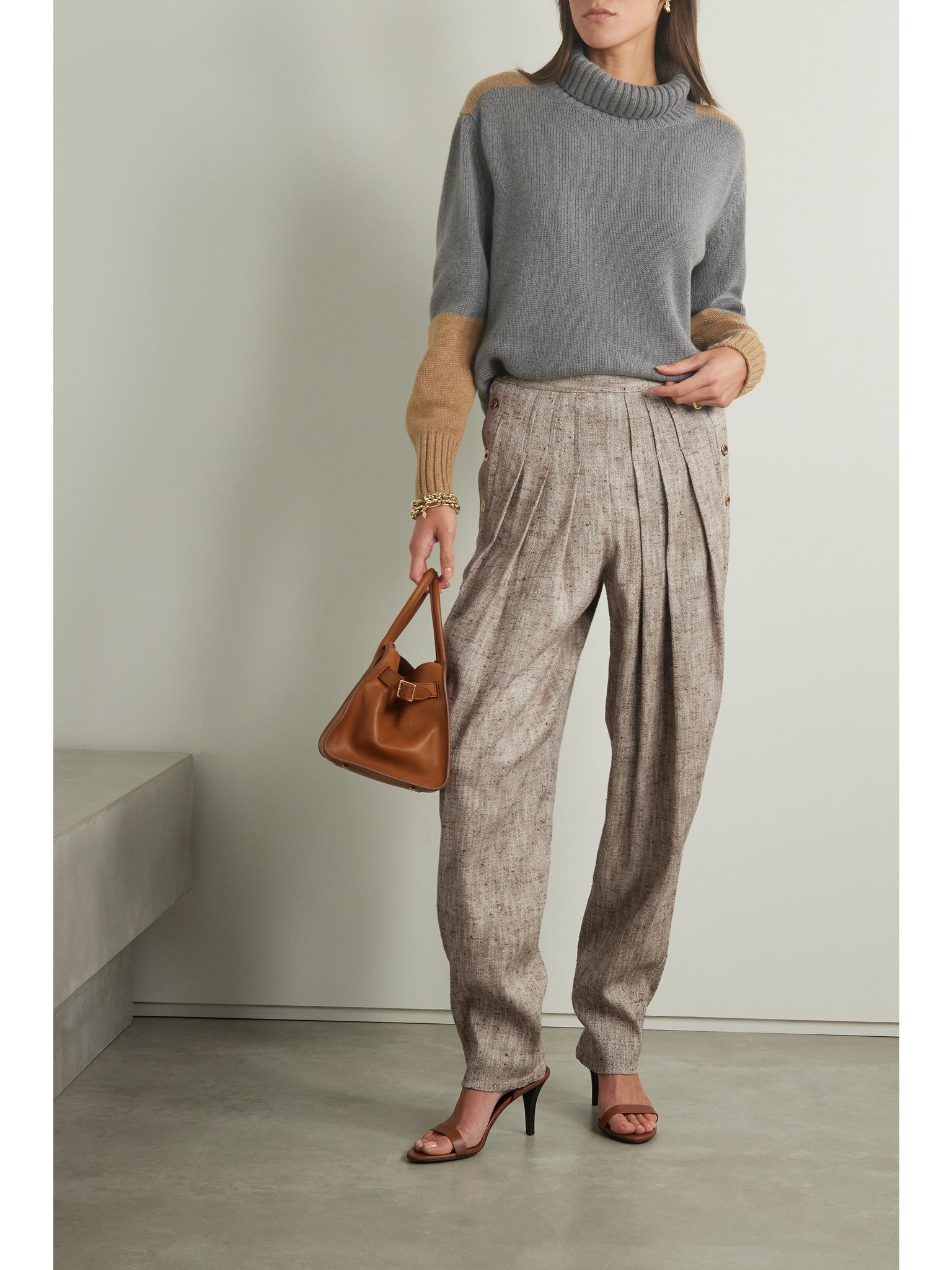 Asael pleated silk, hemp and cotton-blend tweed tapered pants Multi - 2