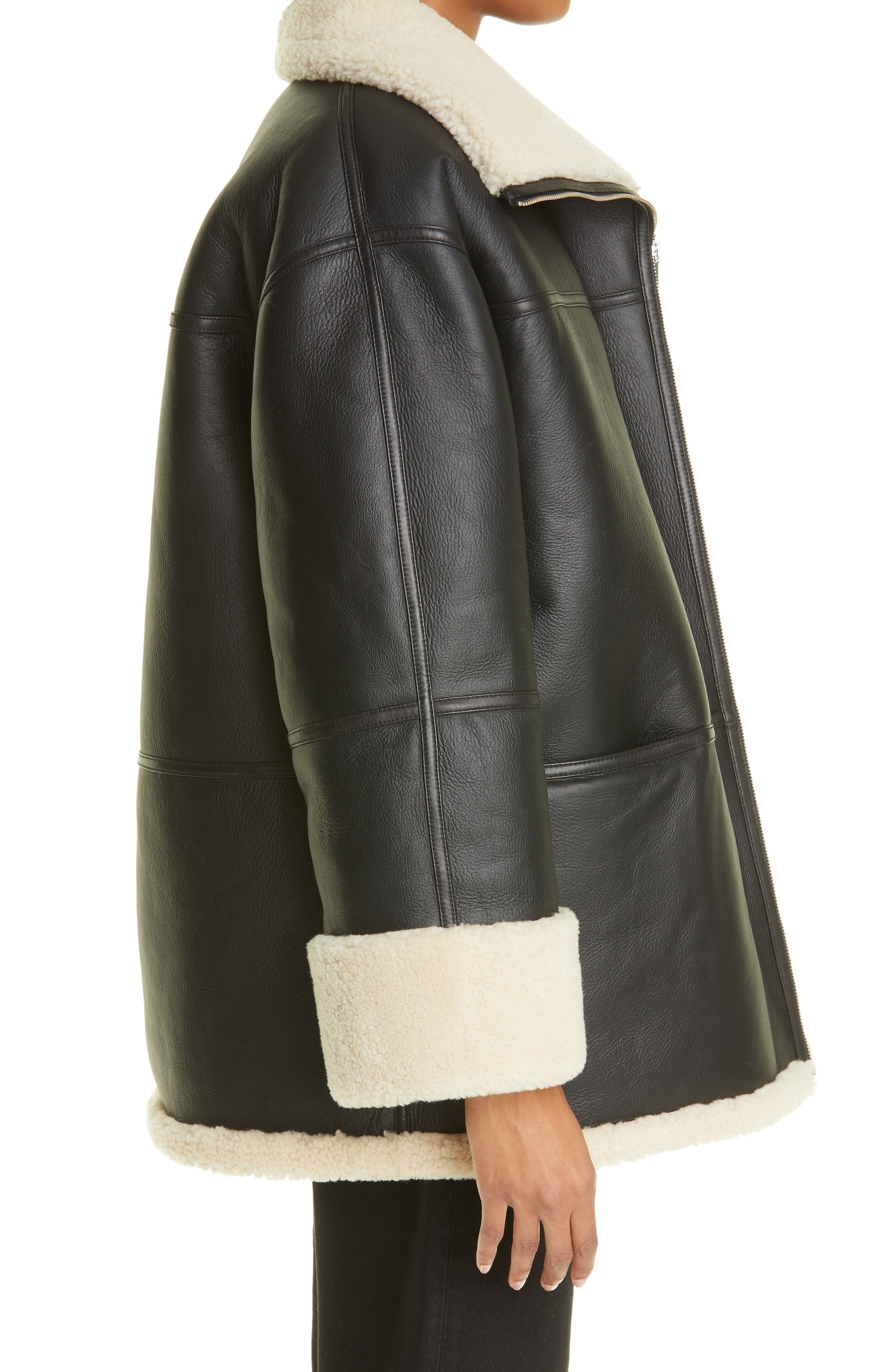 TOTEME Menfi Oversize Genuine Shearling Coat in Black/off-White at Nordstrom - 3