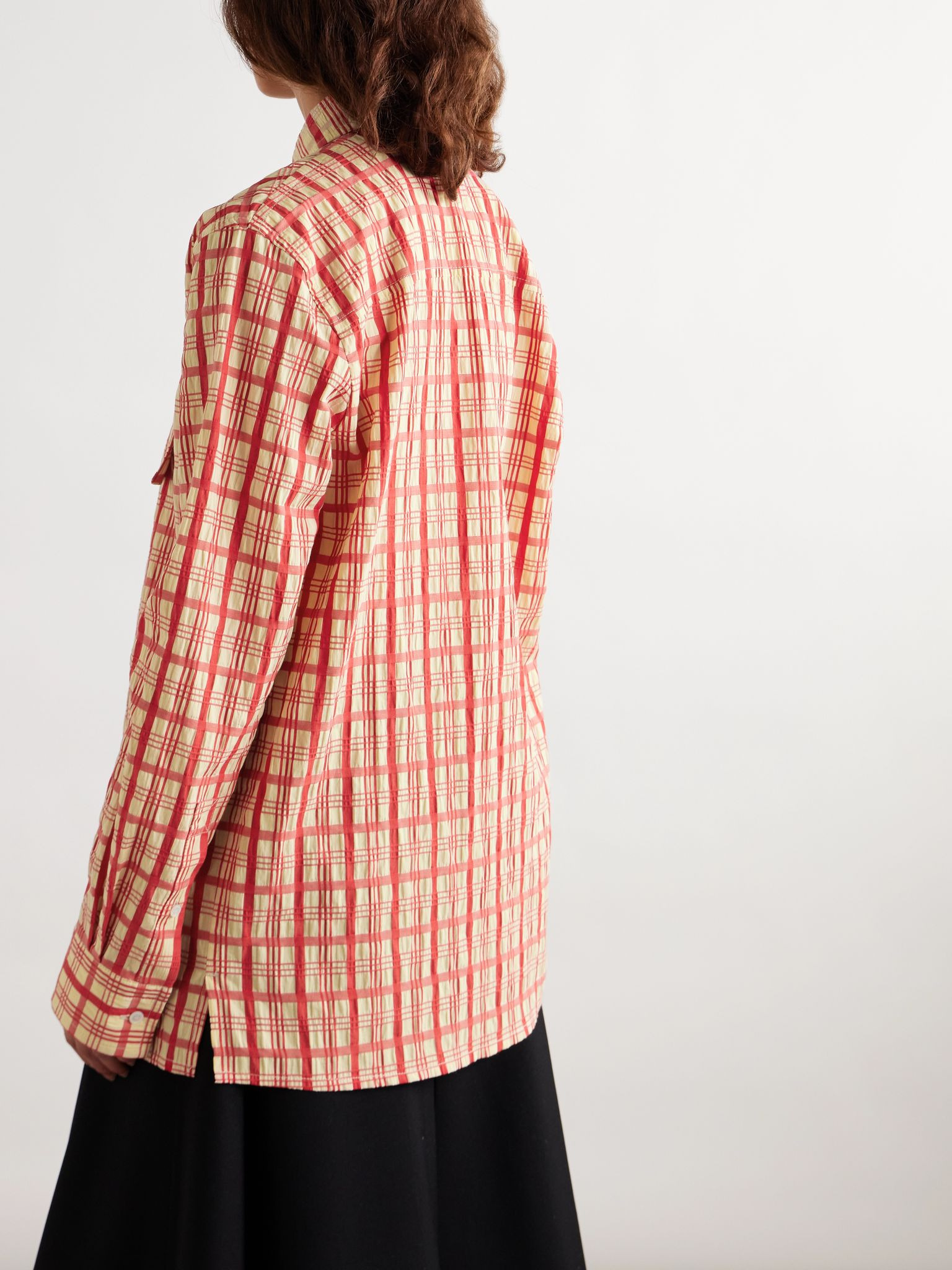 Draped checked cotton-seersucker blouse Red - 4