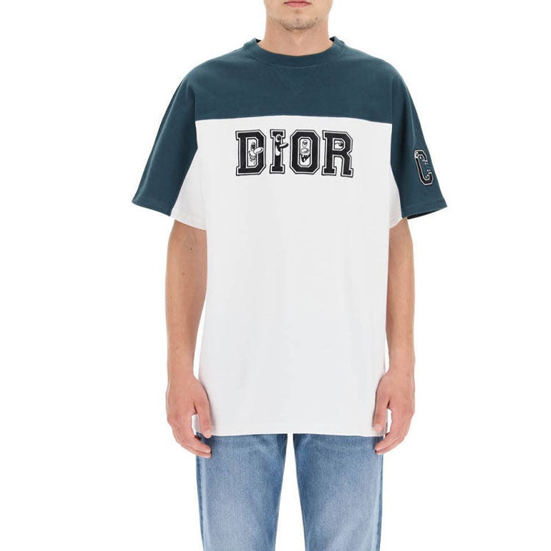 Dior Men's DIOR Logo Printing Colorblock Round Neck Short Sleeve Green T-Shirt 193J646A0554-680 outlook