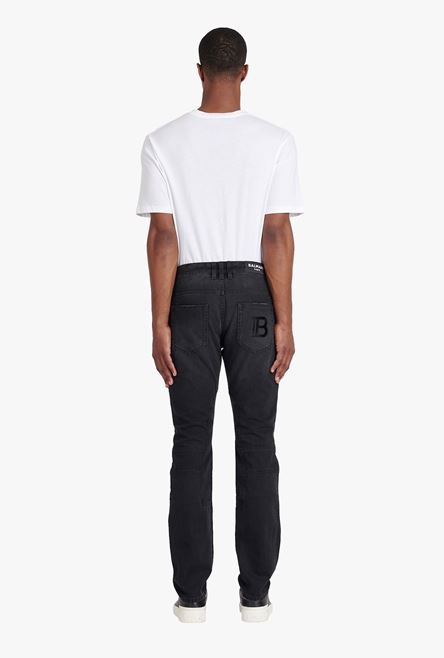 Slim cut faded and ridged black cotton jeans with Balmain monogram on hem - 3