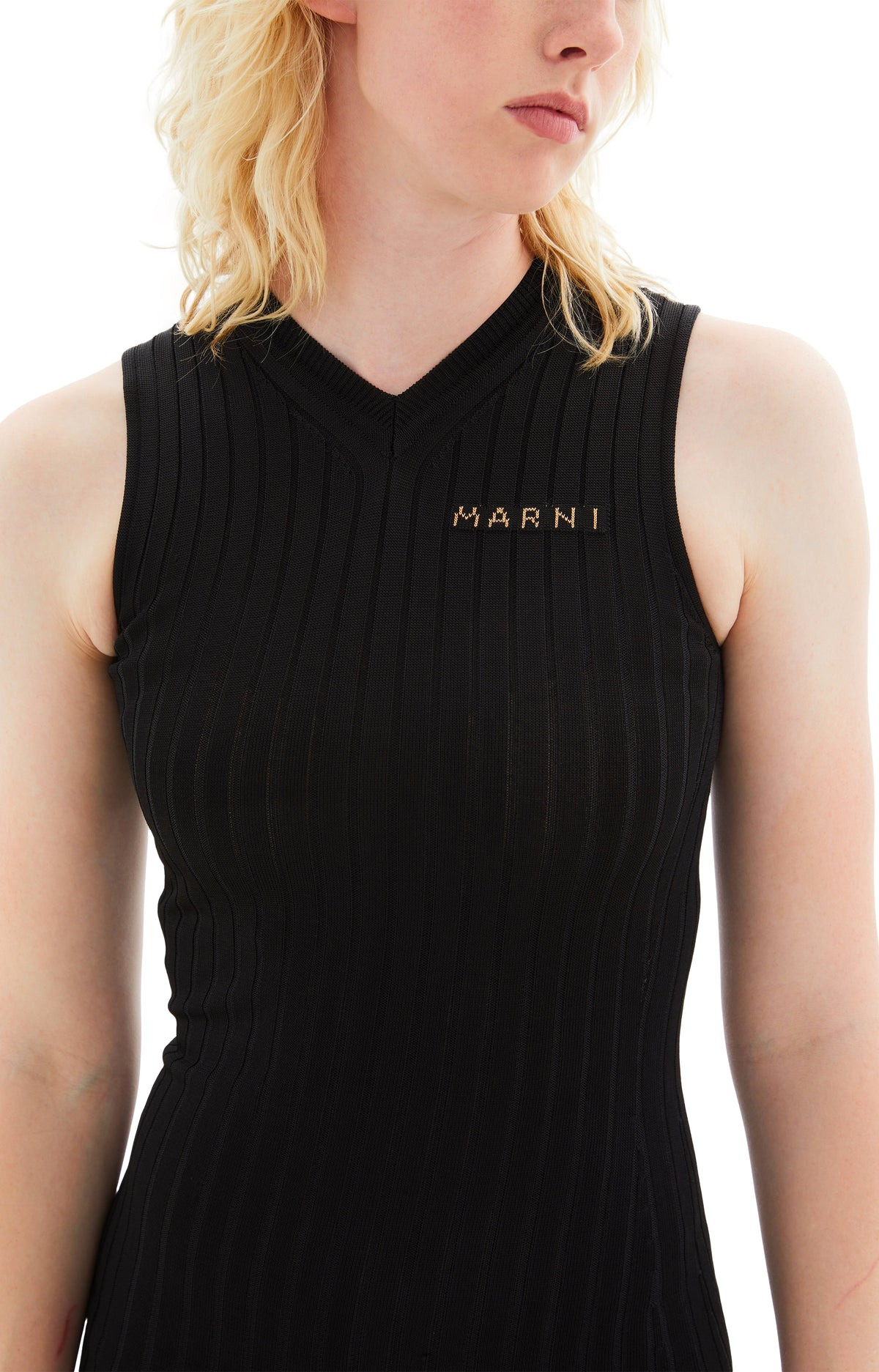 KNITTED SLEEVELESS DRESS W/MARNI LOGO (BLACK) - 3
