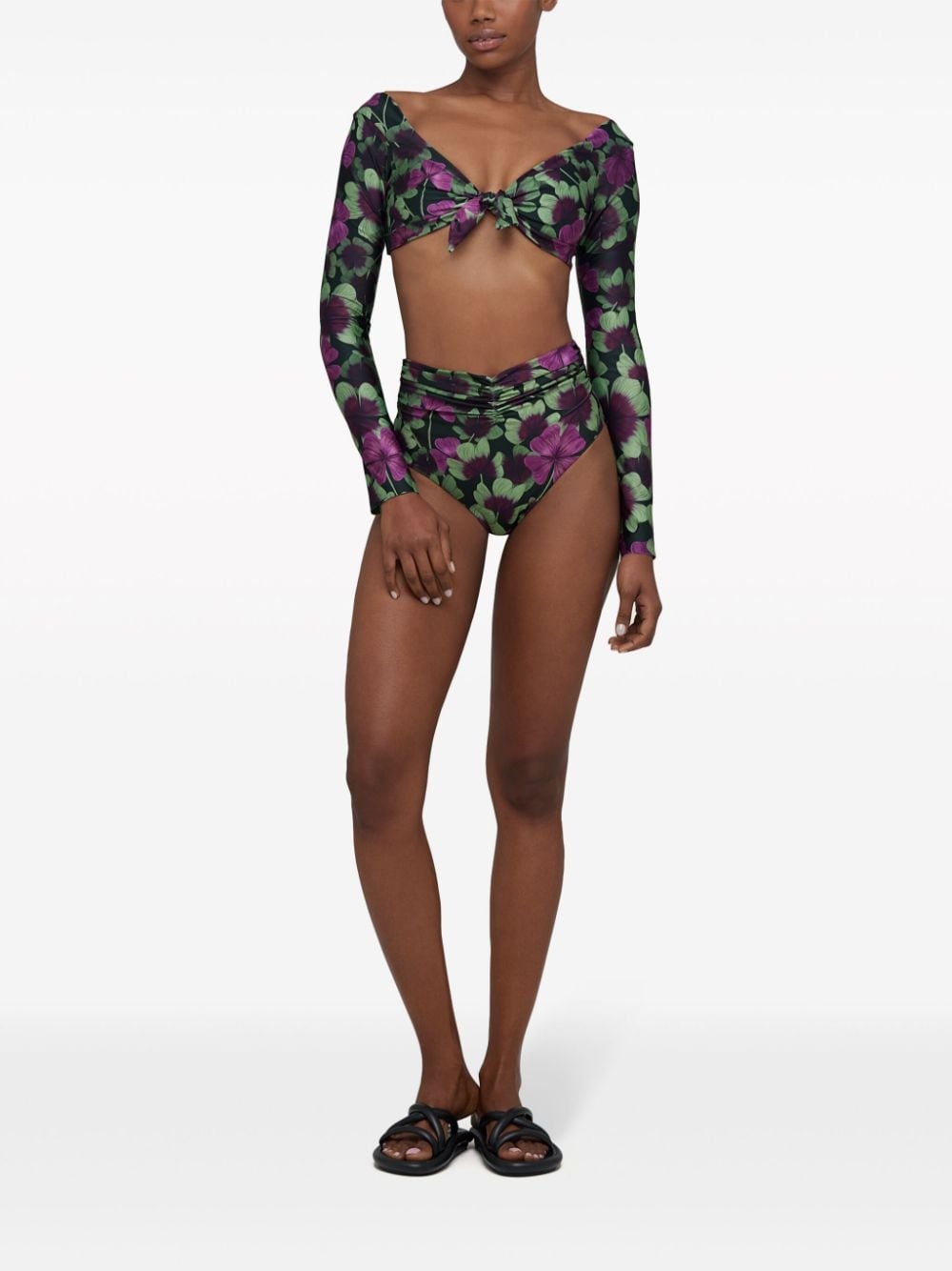 floral-print ruched bikini bottoms - 3