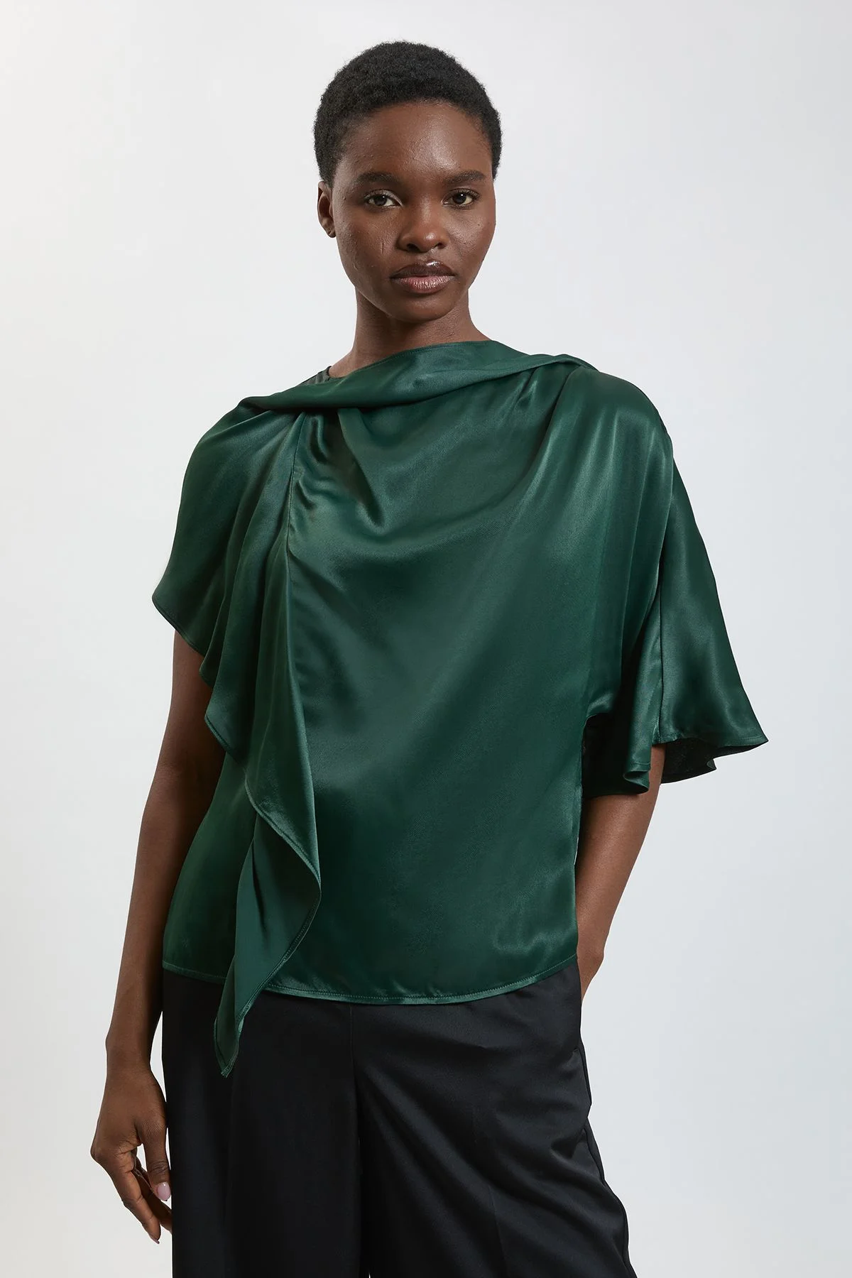 Viscose Satin Asymmetric Ruffle Top - 1