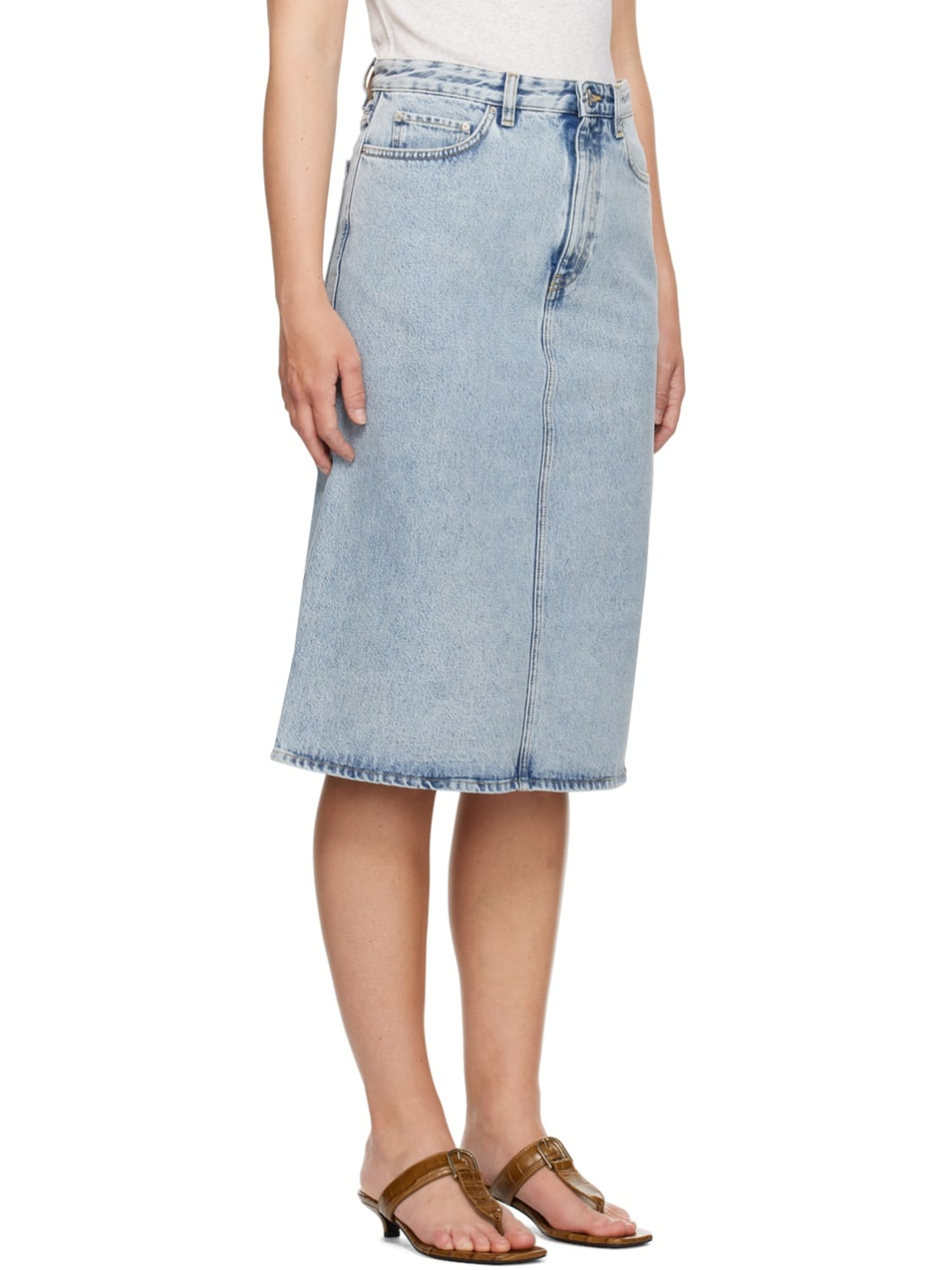 Blue Five-Pocket Denim Midi Skirt - 2