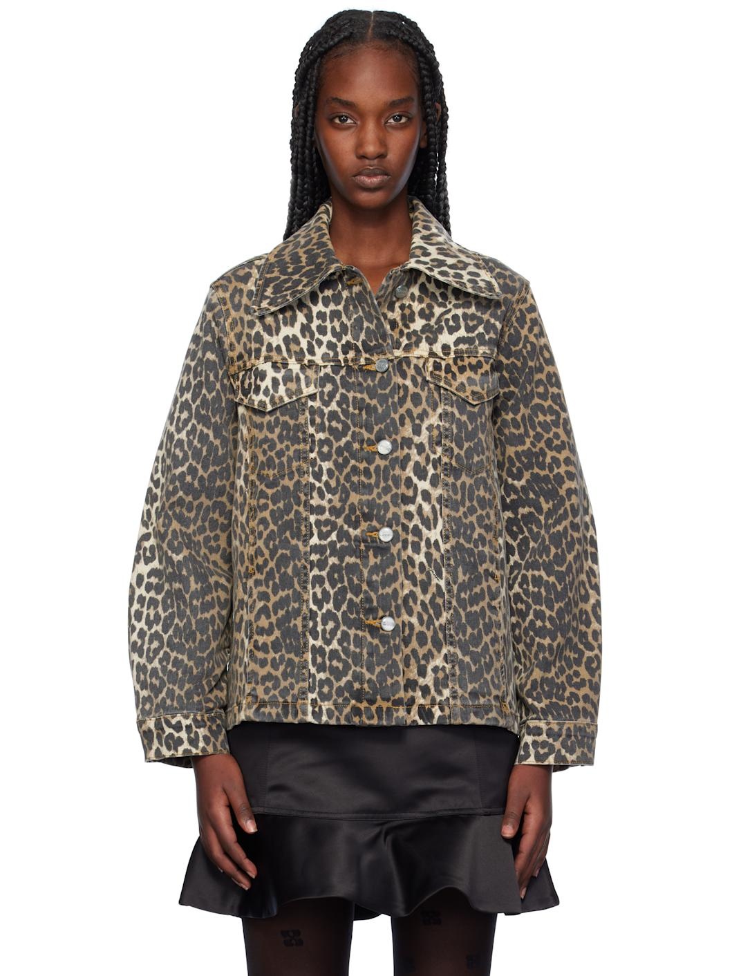Beige & Brown Leopard Printed Denim Jacket - 1