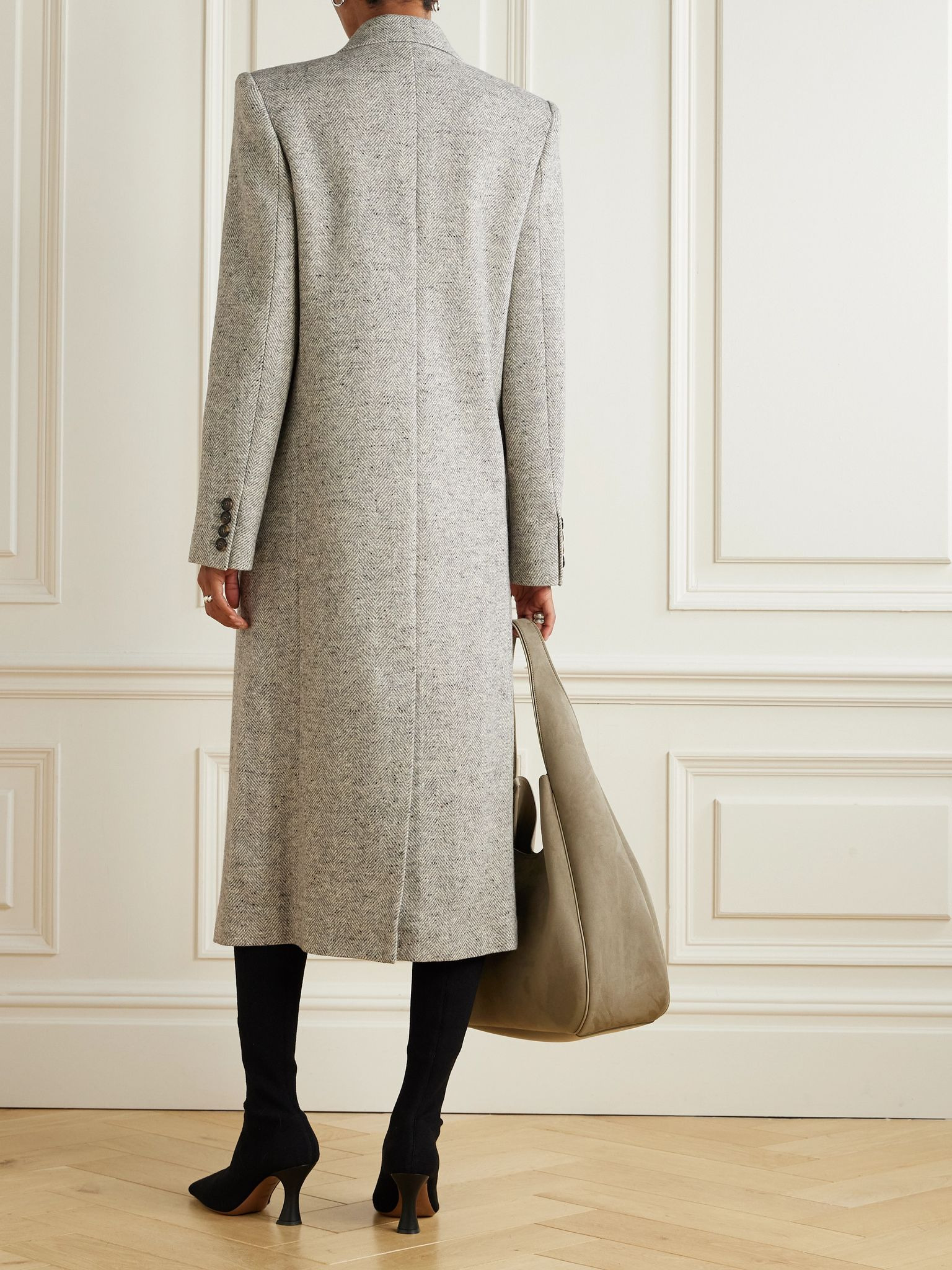 Double-breasted herringbone wool and silk-blend coat Gray - 3