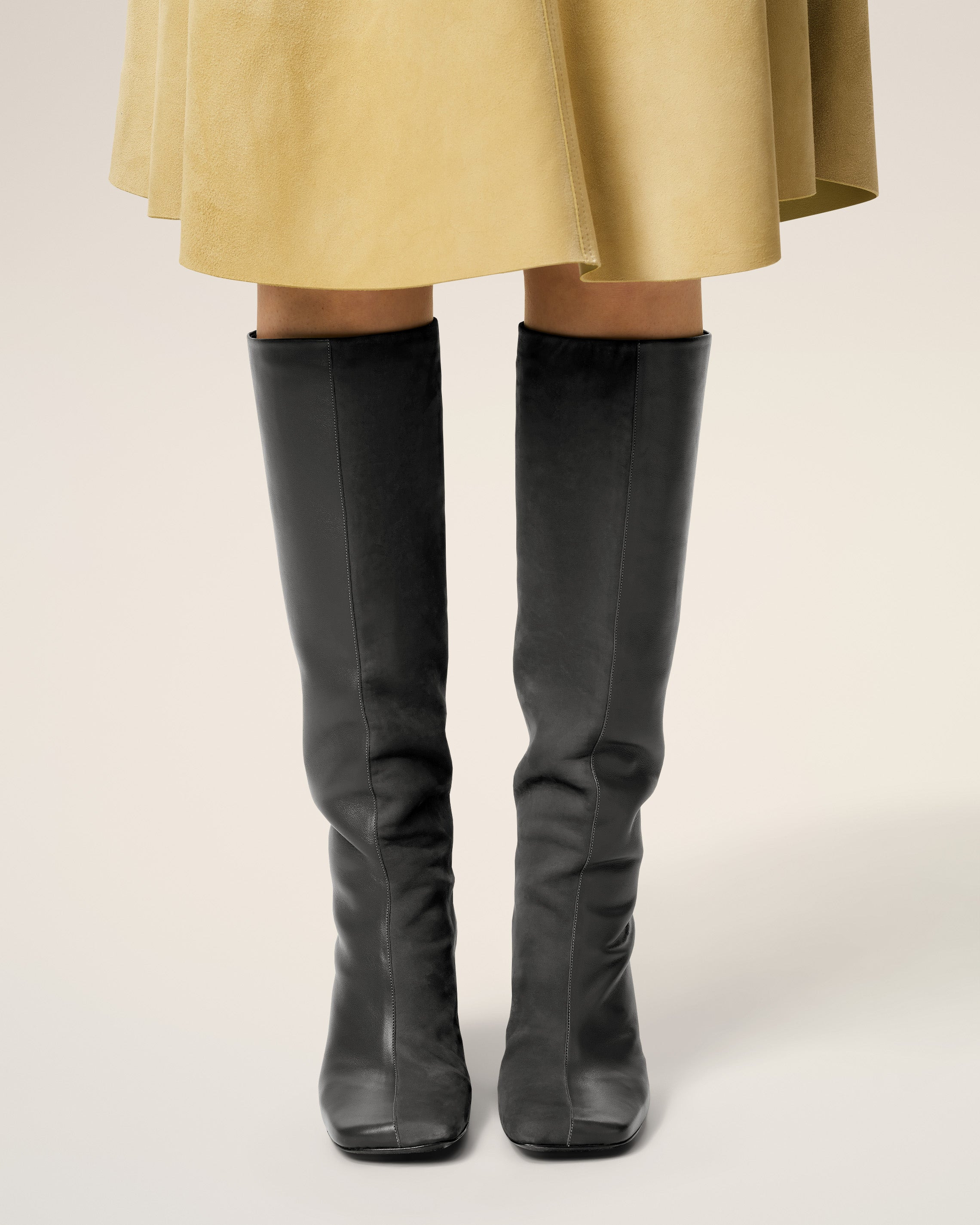 BLACK LEATHER BICOLOR KNEE HIGH BOOTS - 2