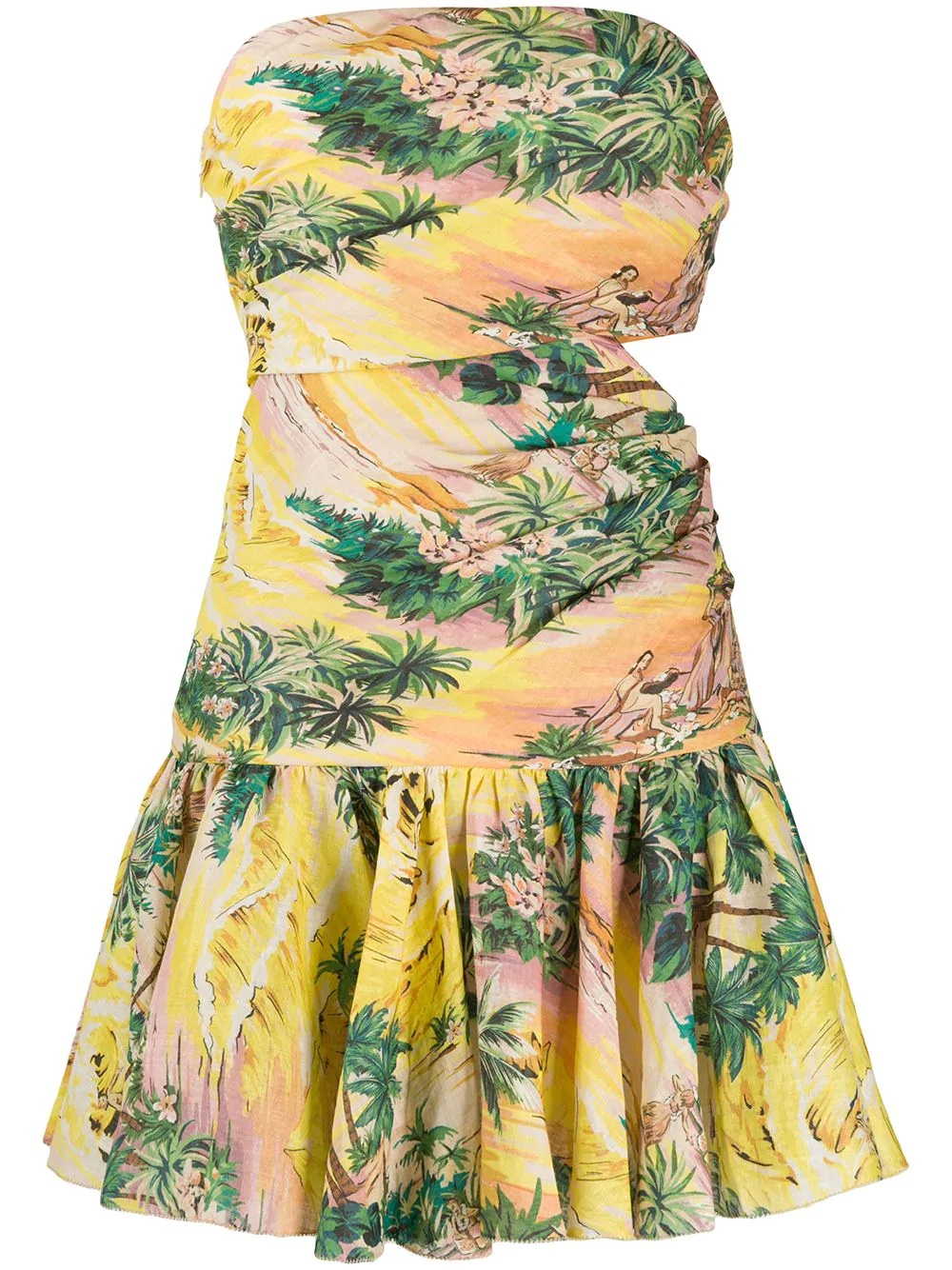 strapless tropical print mini dress - 1